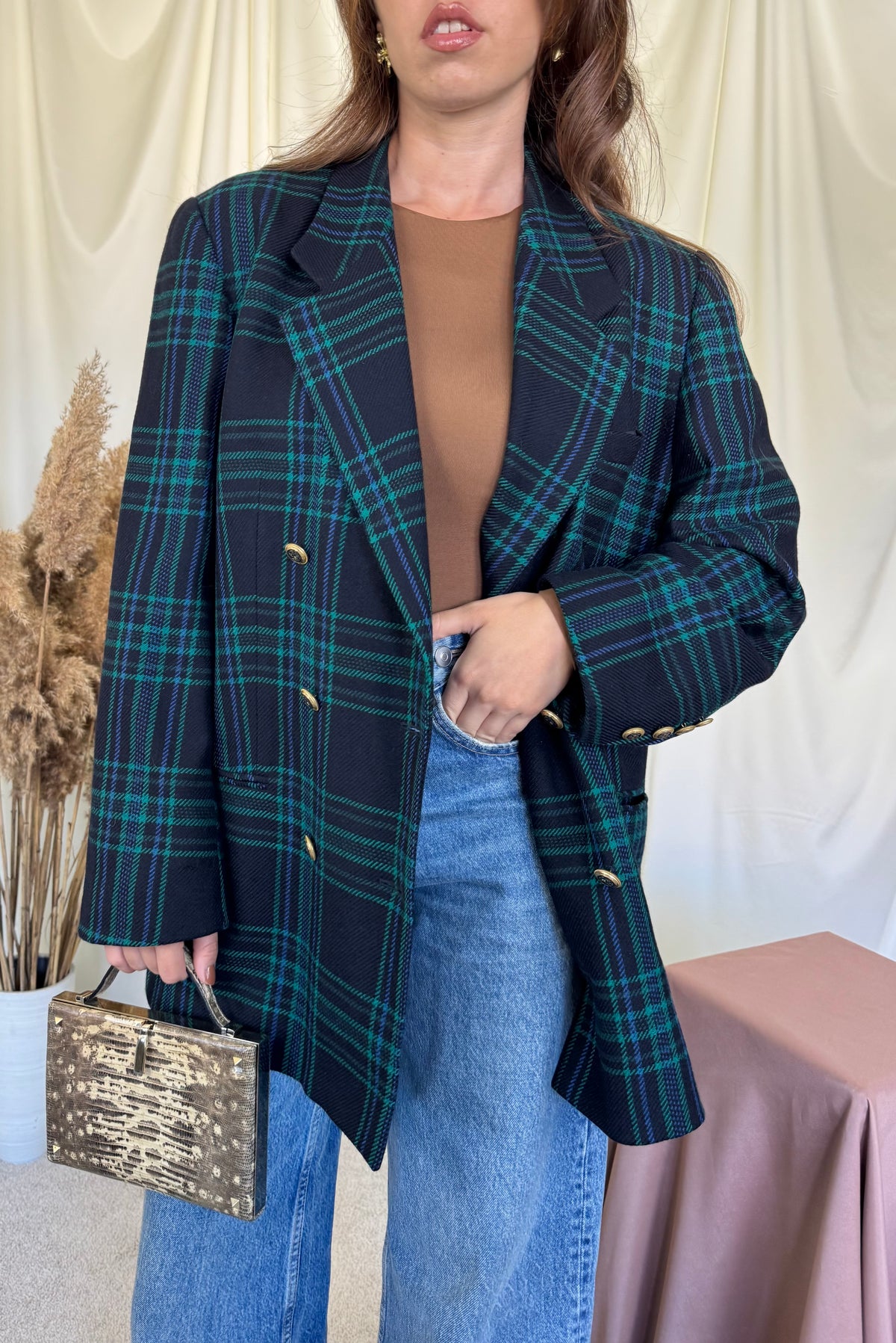 Sacou vintage DELMOD din stofă premium 100% lana cu print tartan și nasturi bijuterie ( mărimea L/XL)