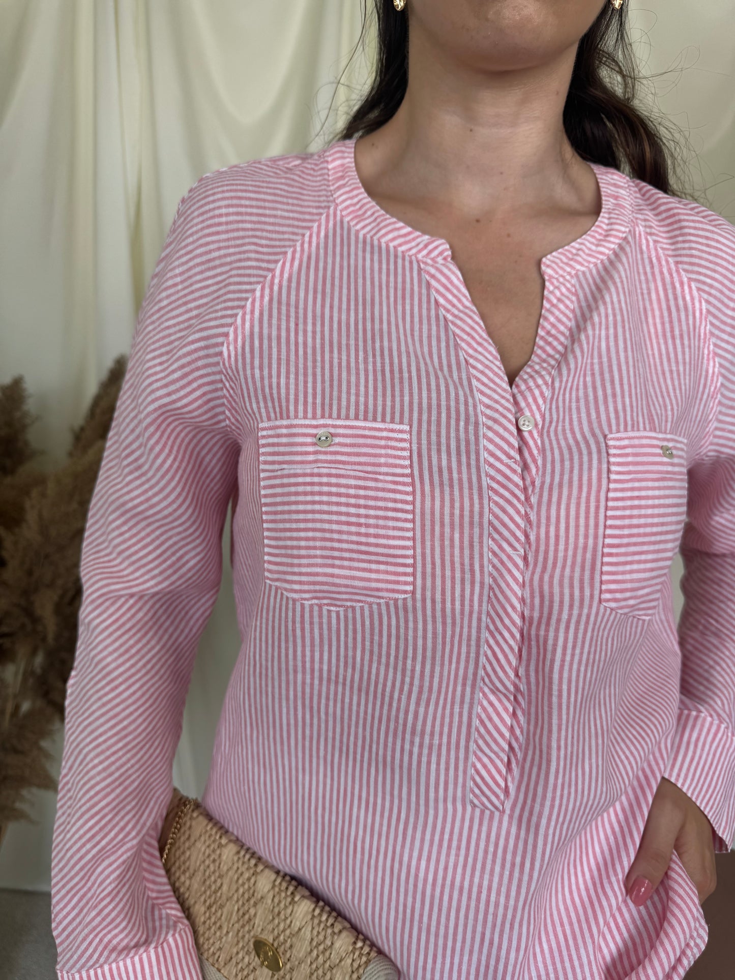 Cămașă Tommy H. Din bumbac și in cu print baby pink( mărimea S-M)