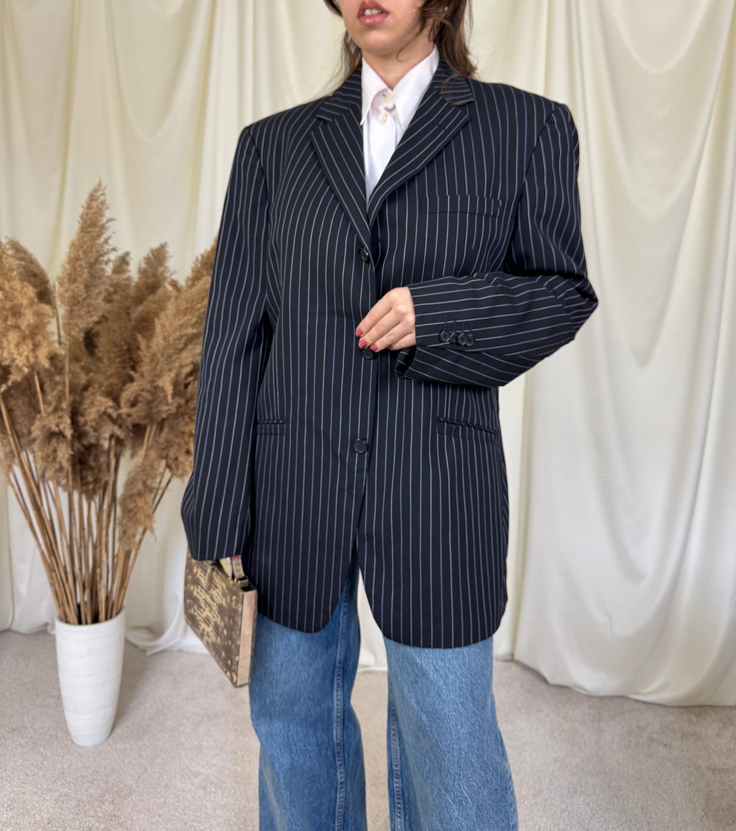 Sacou vintage VERSACE din stofă fină de lână cu print dungi fine(mărimea L)