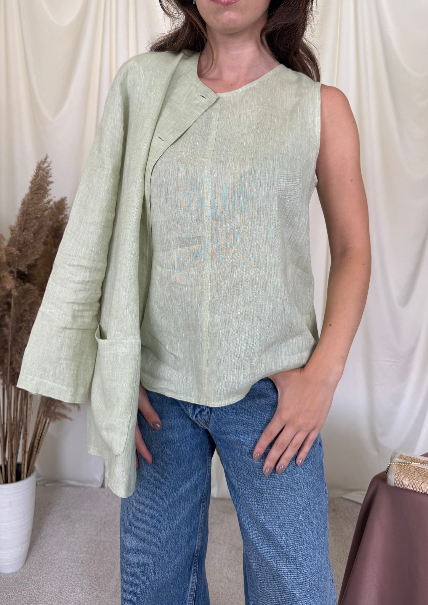 Set vintage din 100% in într-o nuanță superbă de verde mentă cu nasturi perla (mărimea M/L)