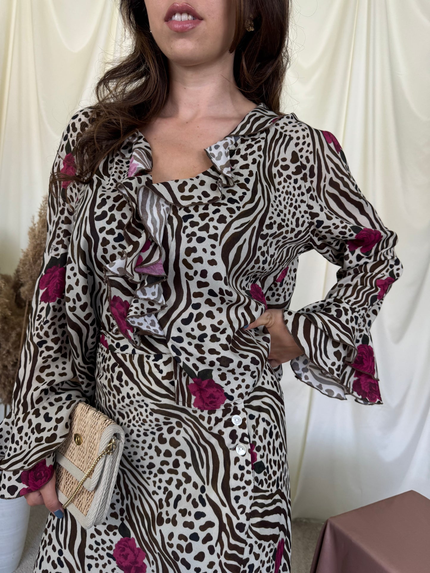 Set Rouje Paris cu print floral, fusta + cămașă, croi feminin( mărimea M/L)