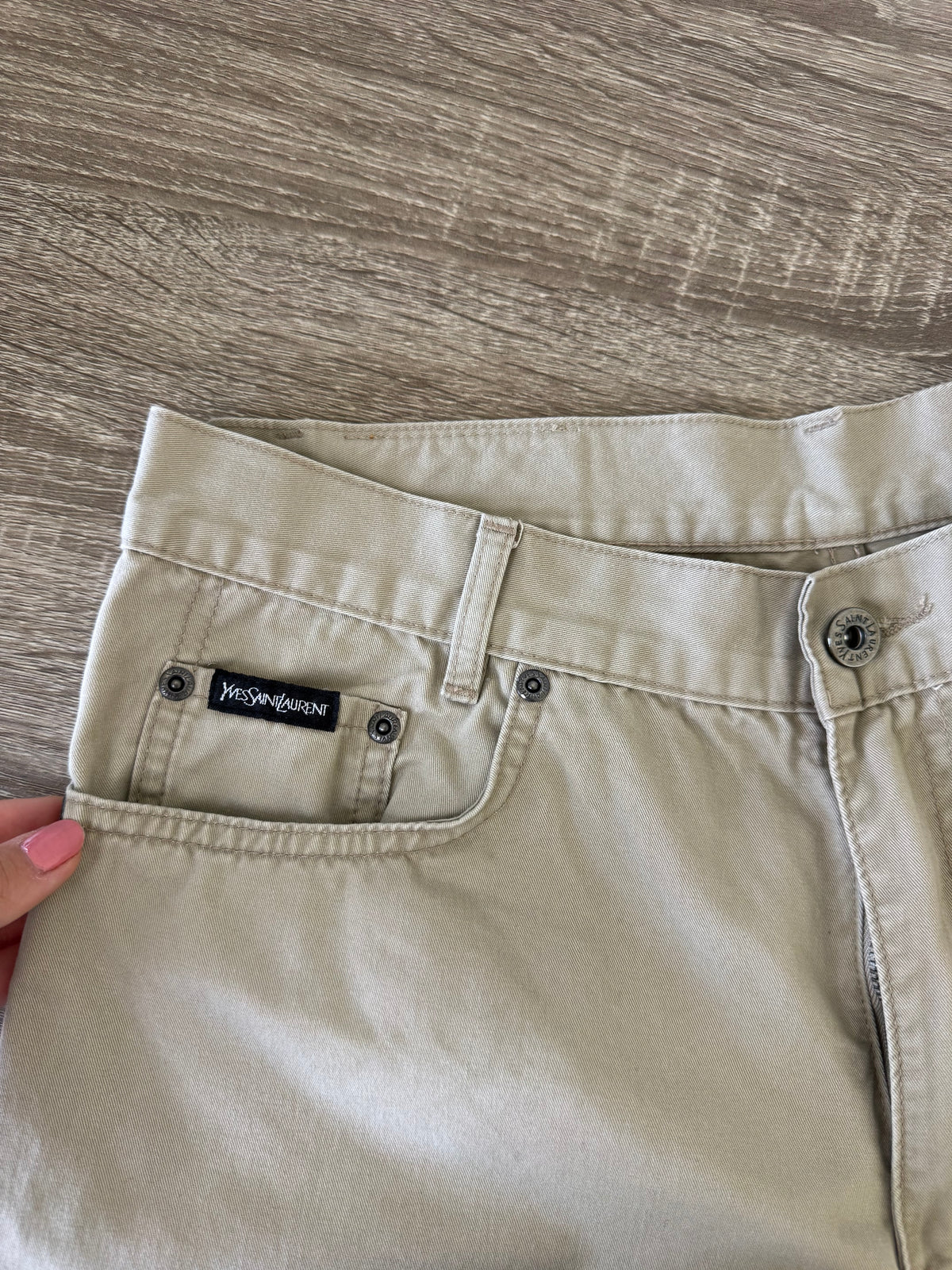 Pantalon vintage luxury Yves Saint Laurent din bumbac cu inscripție brodată ( mărimea M/L)