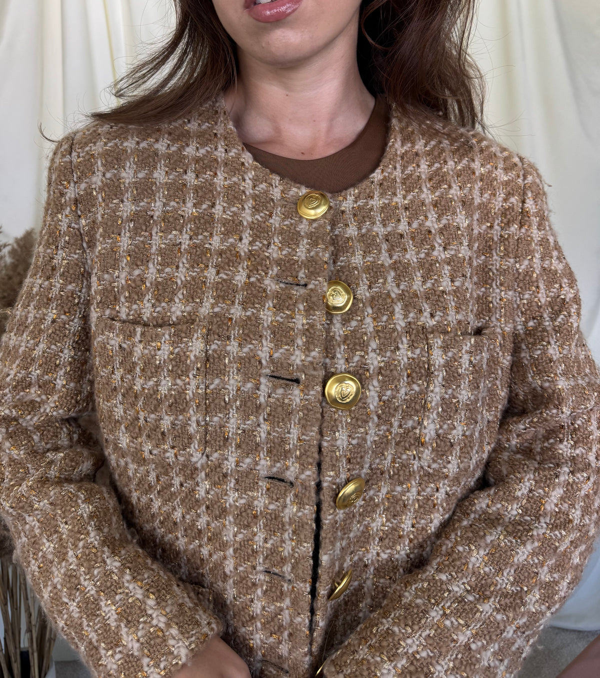 Sacou vintage tip jachetă din tweed de 76% lână, nasturi metalici tip bijuterie ( mărimea M/L)