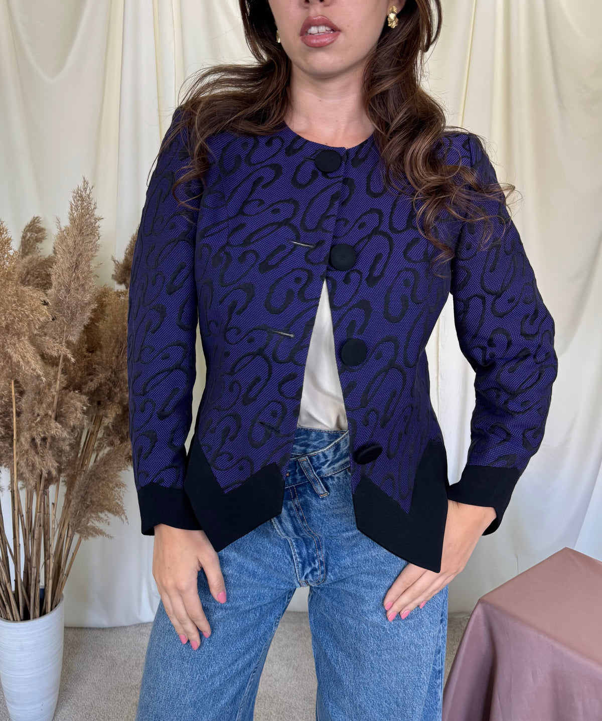 Sacou-jachetă luxury Pierre Cardin din stofă premium de lana și bumbac cu print, croi superb ( mărimea S)