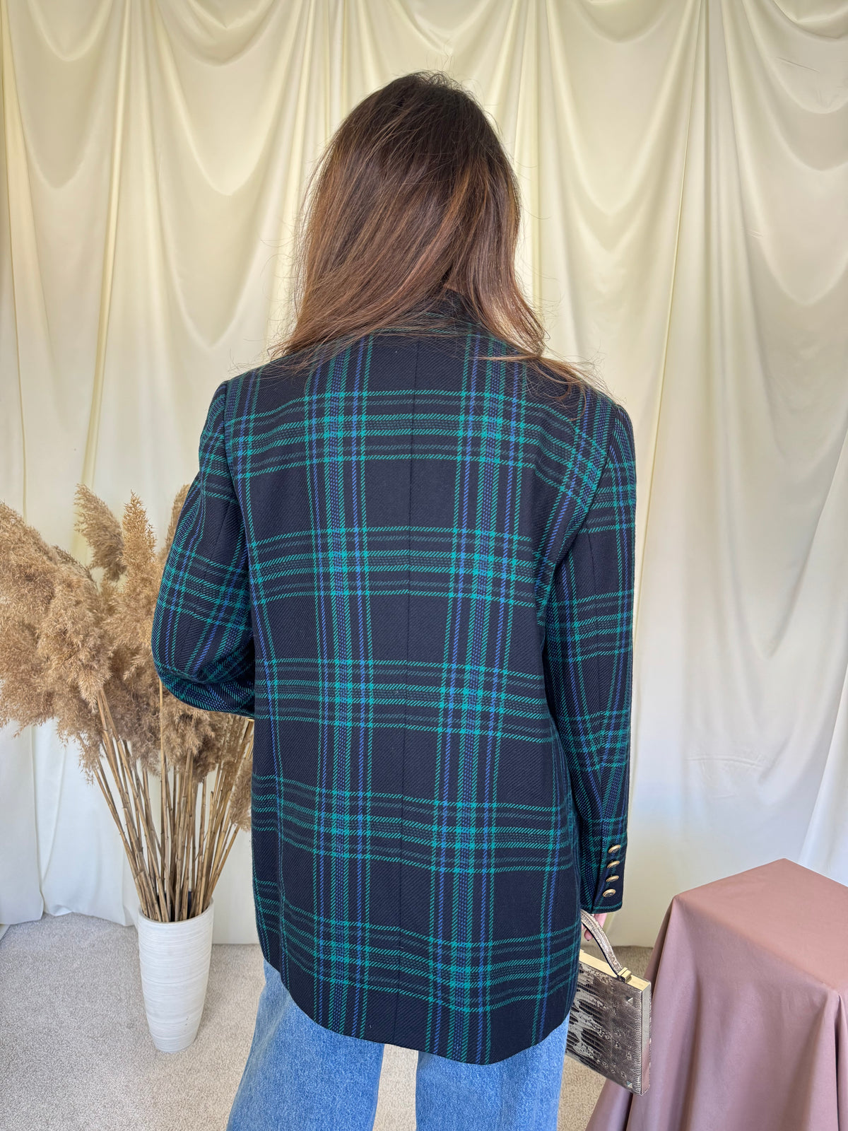 Sacou vintage DELMOD din stofă premium 100% lana cu print tartan și nasturi bijuterie ( mărimea L/XL)