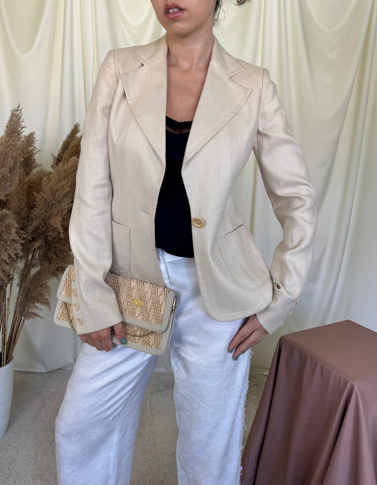 Sacou luxury VALENTINO de vară din cânepă, in și bumbac cu nasturi inscripționați ( mărimea S)