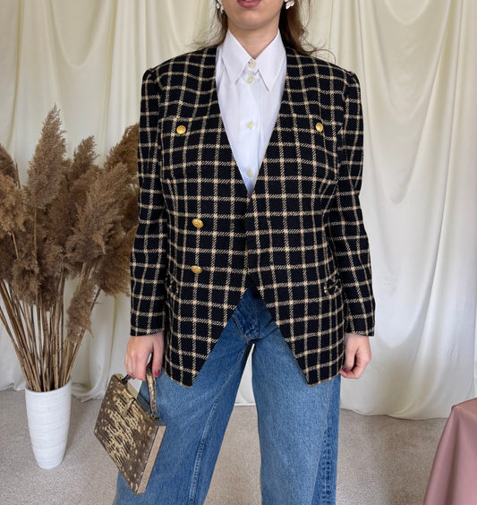 Sacou vintage din stofă 90% lână, nasturi metalici aurii, (mărimea L)