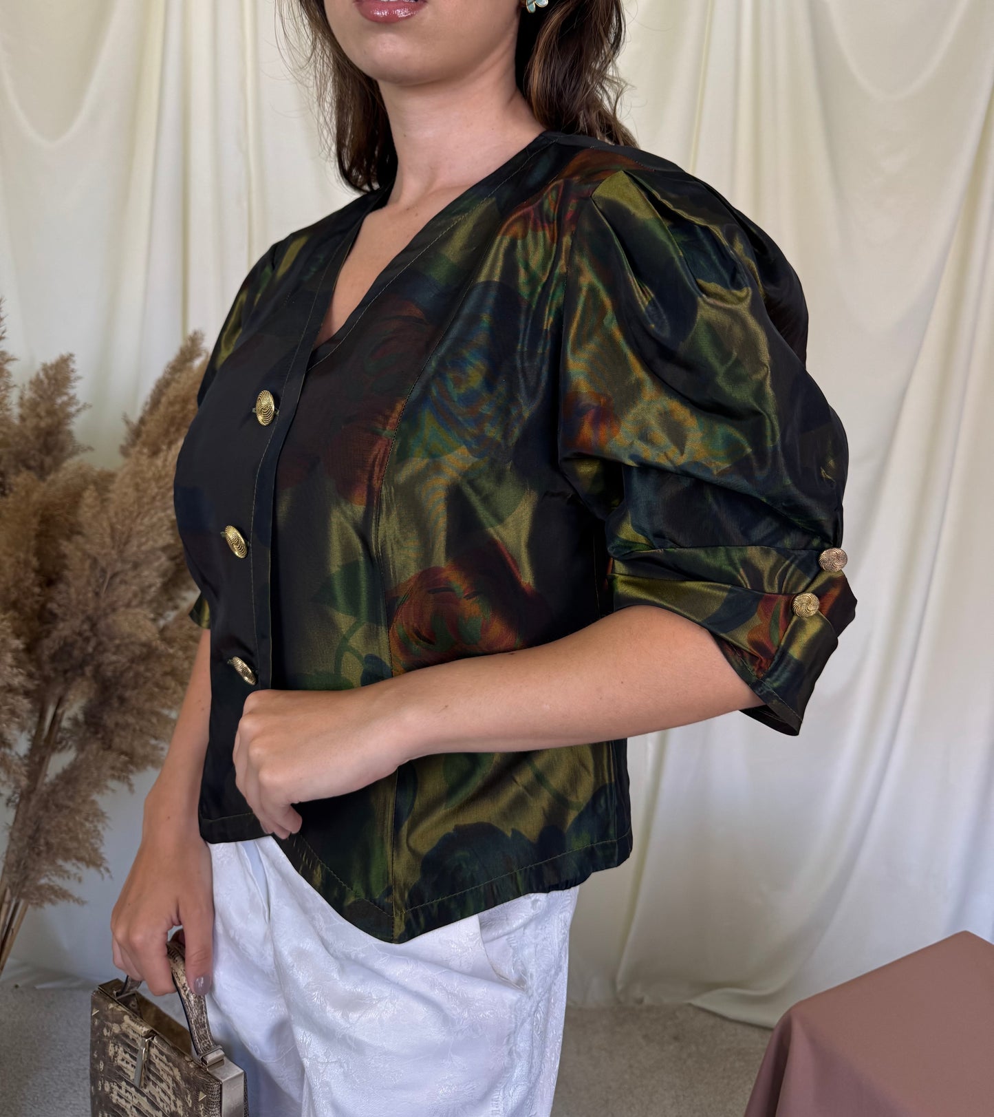 Sacou vintage din acetat cu print și nasturi metalici (Mărimea M/L)