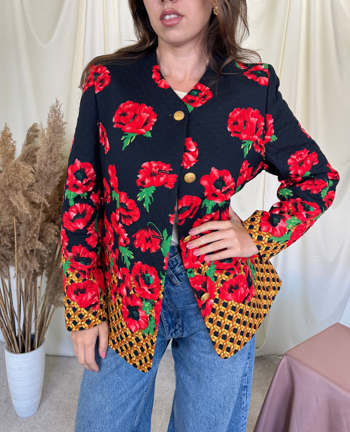 Jacheta vintage premium Elegance Paris cu print superb de maci și nasturi tip bijuterie, produs în stare excelentă ( mărimea M/L)