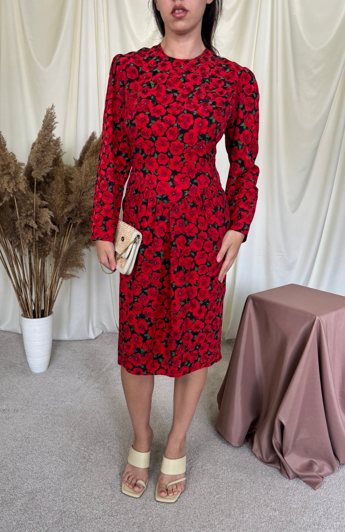 Rochie vintage din 100% mătase naturală cu print ( mărimea XS/S)