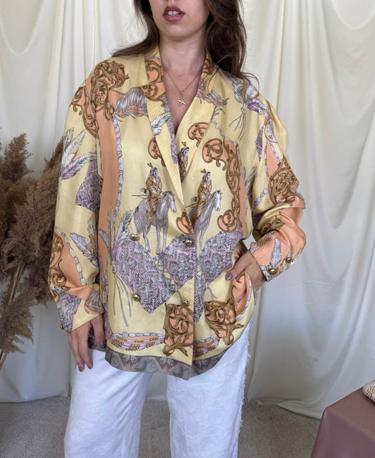 Sacou - cămașă vintage cu print ecvestru și nasturi aurii( mărimea XL)