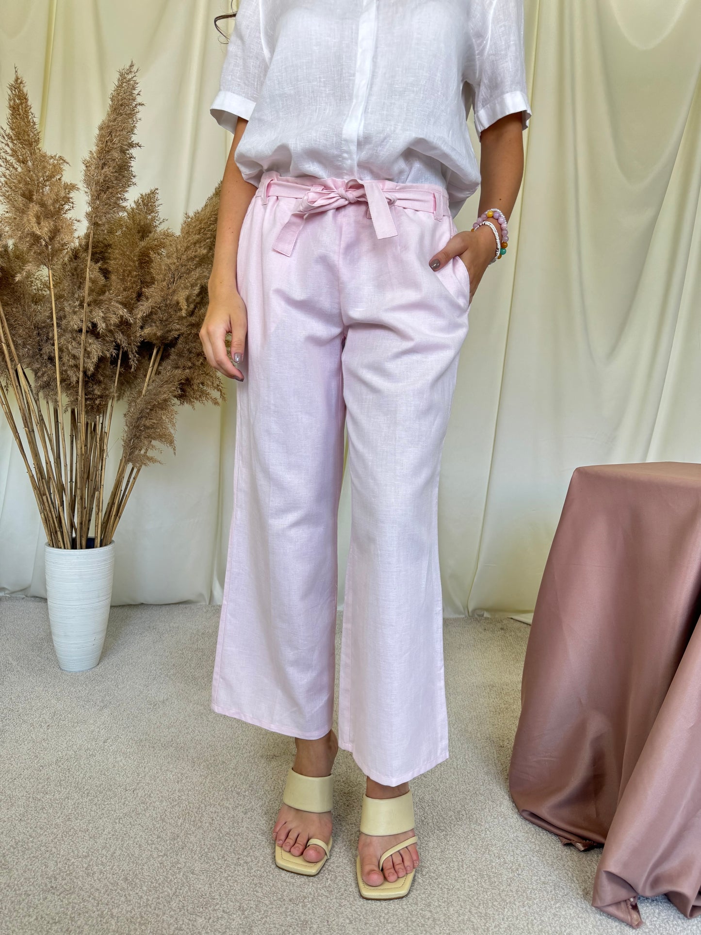 Pantalon roz de vară din in și bumbac cu talie elastică + curea pentru ajustare ( mărimea M)