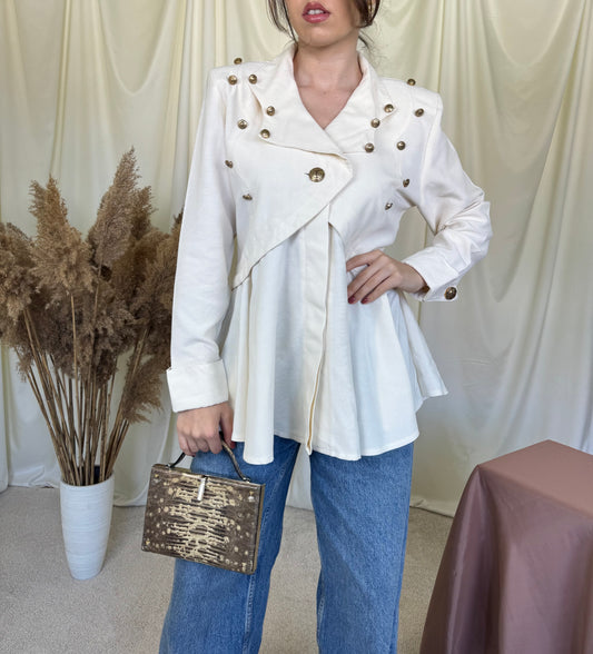 Jacheta elegantă vintage cu umeri marcați și nasturi bijuterie 
(Mărimea M/L)