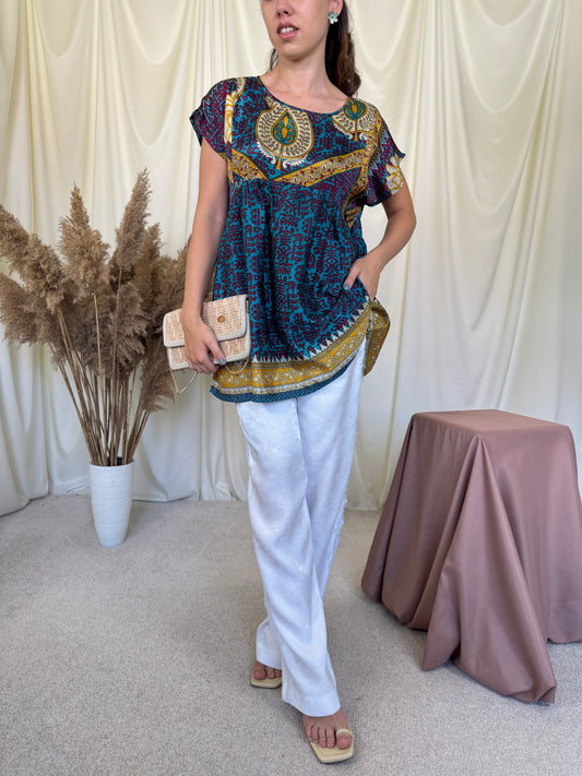 Bluză din 100% mătase naturela în stil indian, croi amplu ( marime universală -100 bust)