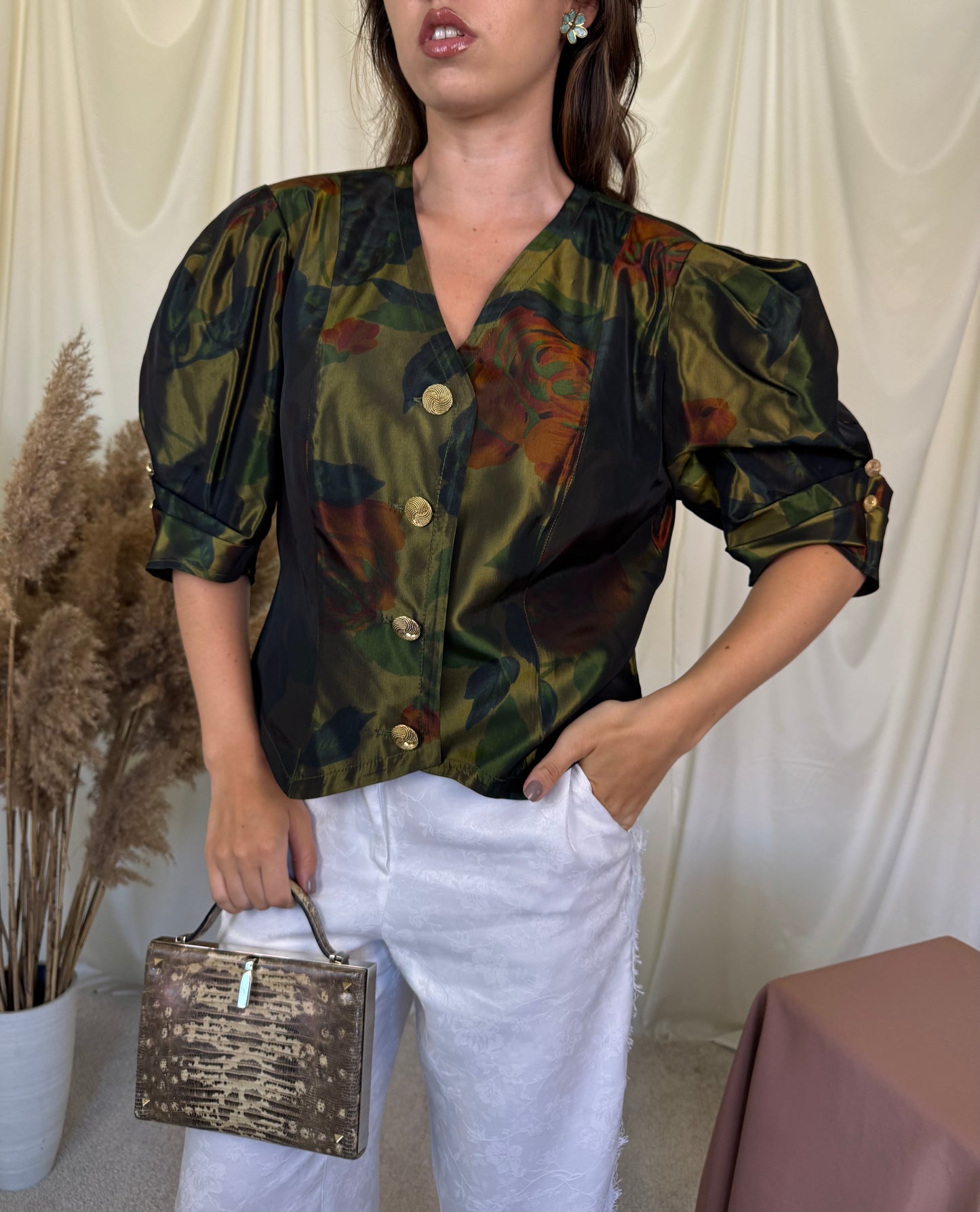 Sacou vintage din acetat cu print și nasturi metalici (Mărimea M/L)
