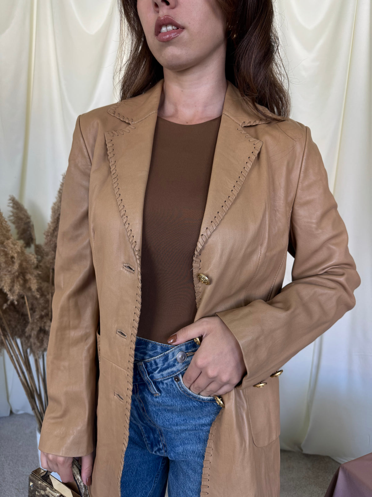 Pardesiu vintage premium ELEGANCE Paris din 100% piele naturală fină tip mănușă cu nasturi metalici inscripționați ( mărimea S/M)