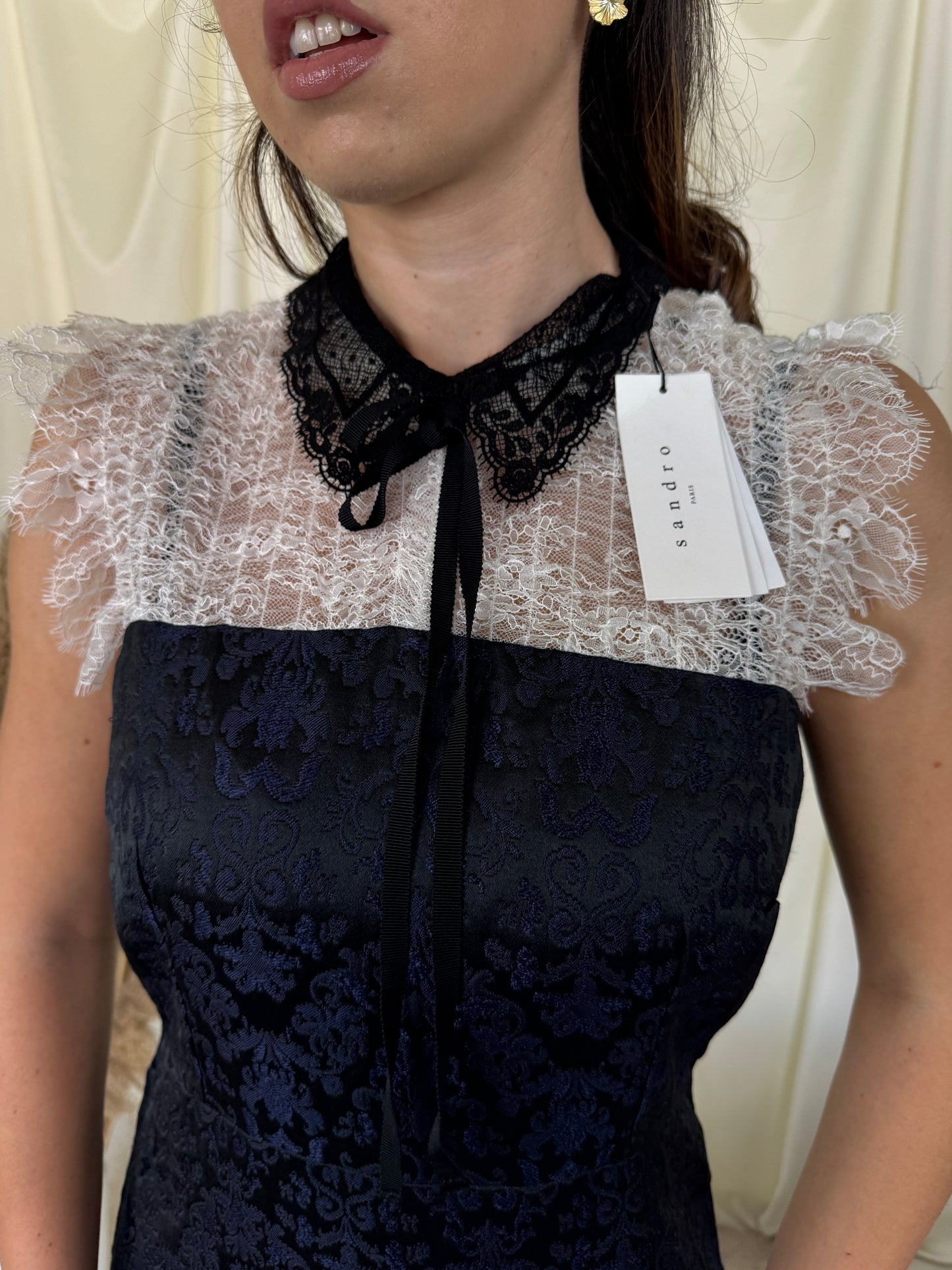 Baack! Rochie nouă Sandro Paris cu dantelă și brocard cu print ( mărimea S-M)