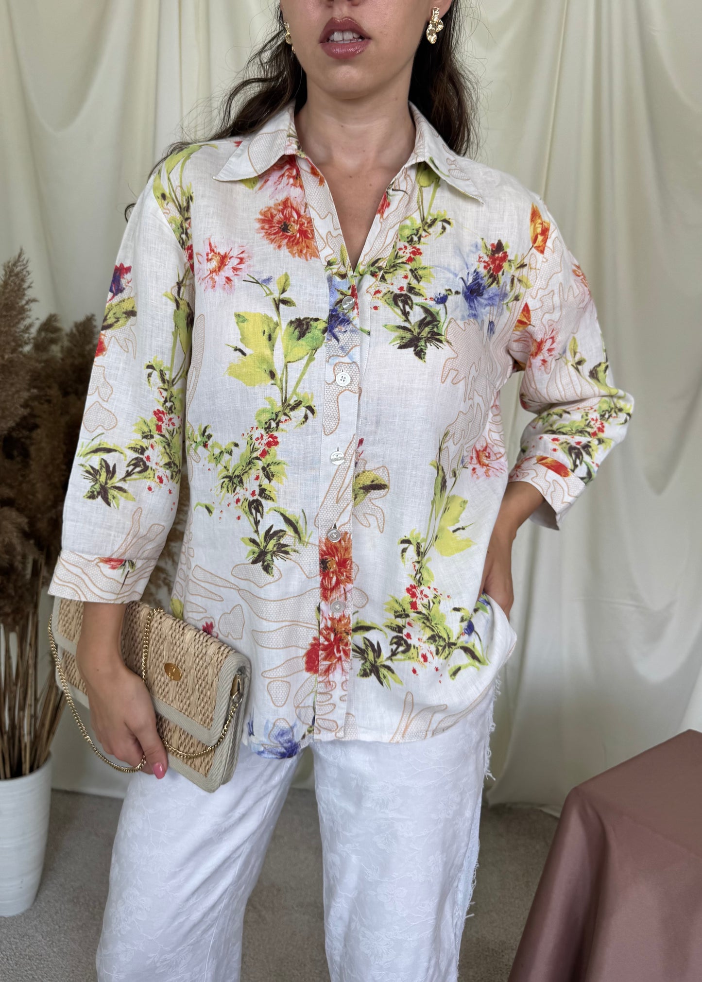Cămașă de vară cu print floral din 100% mătase naturală ( mărimea M/L)