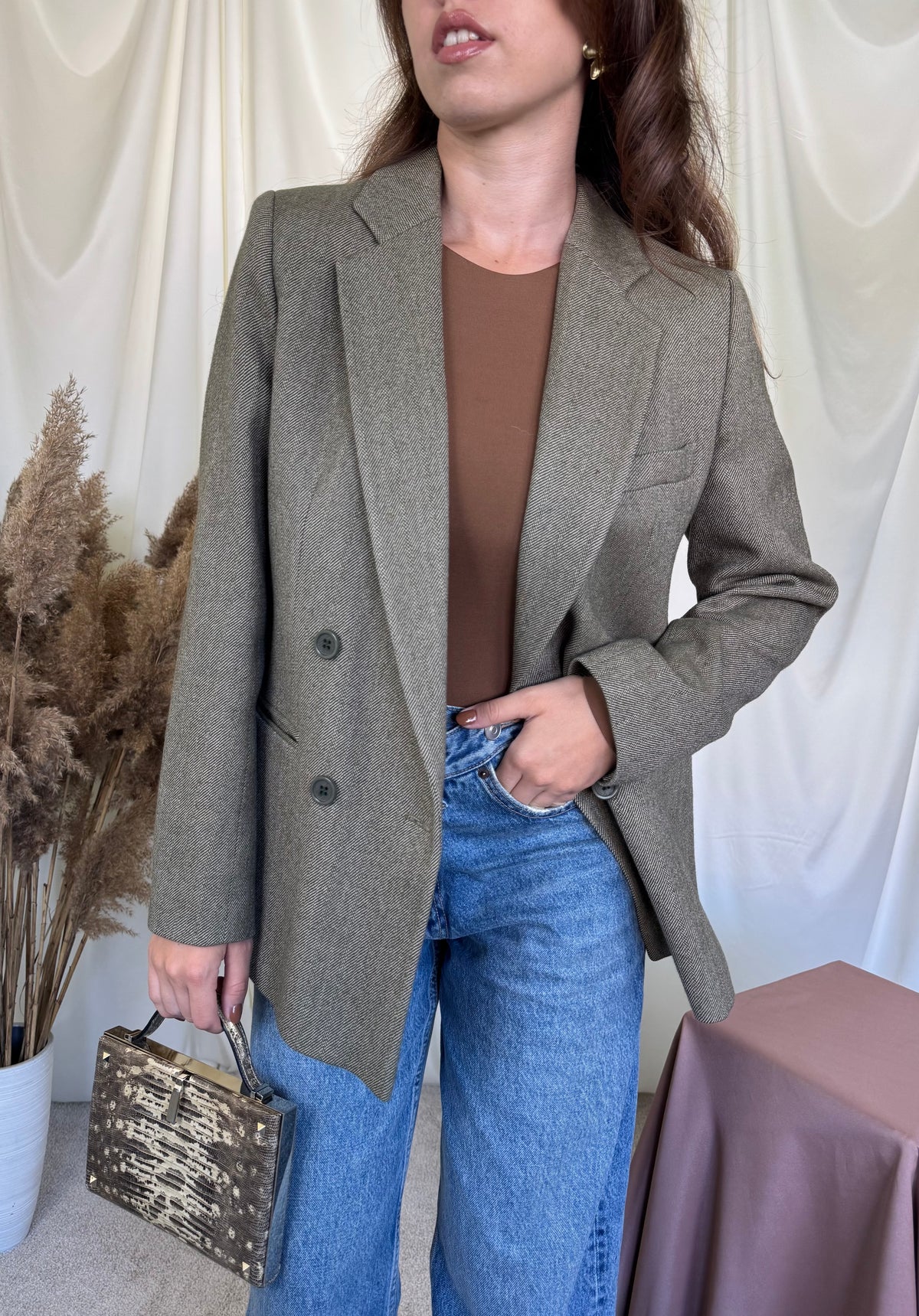Sacou vintage verde olive din 100% lână la rând dublu de nasturi ( mărimea S/M)