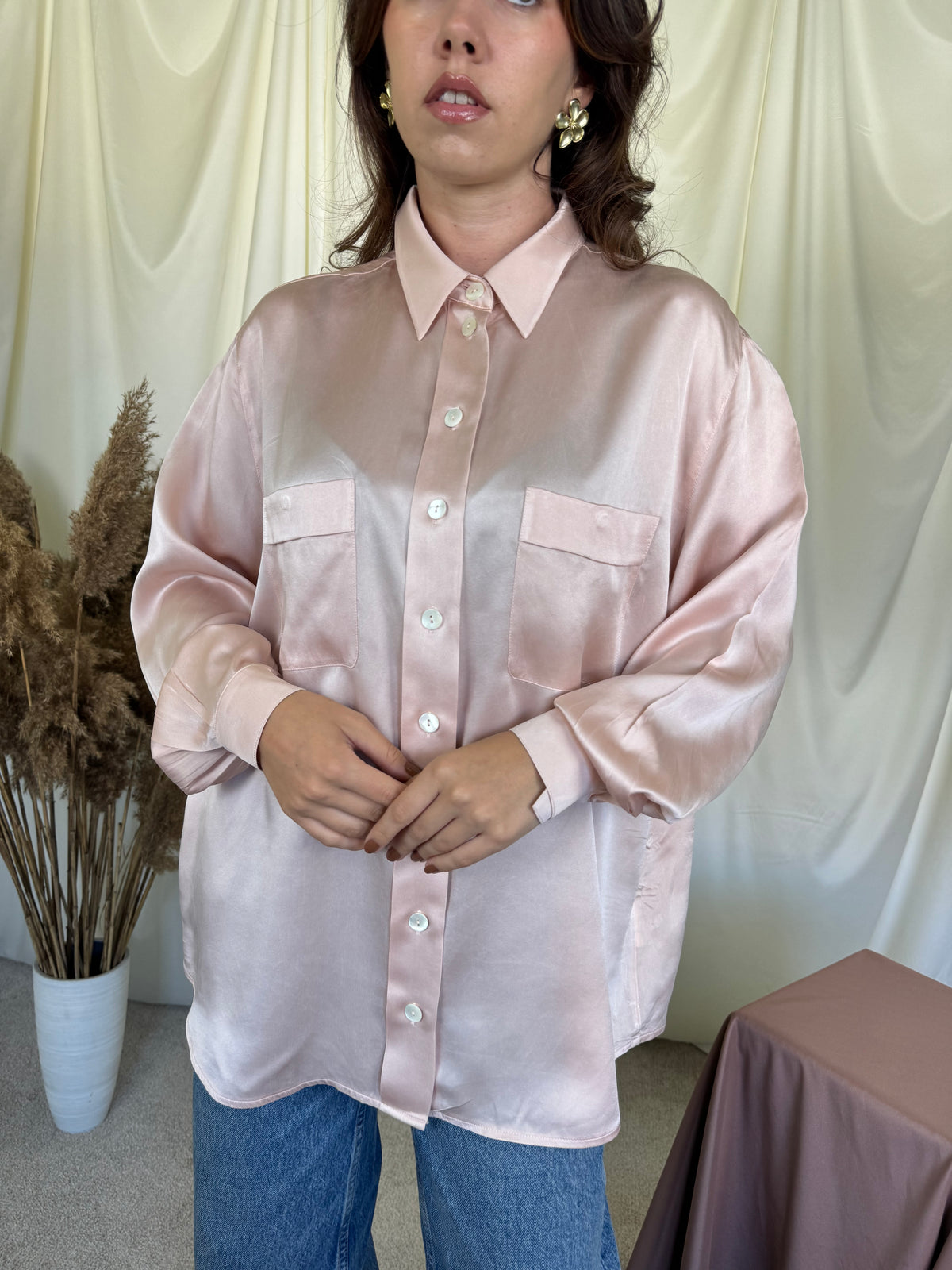 Cămașă vintage BASLER din 100% mătase naturala, baby pink ( mărimea XL)
