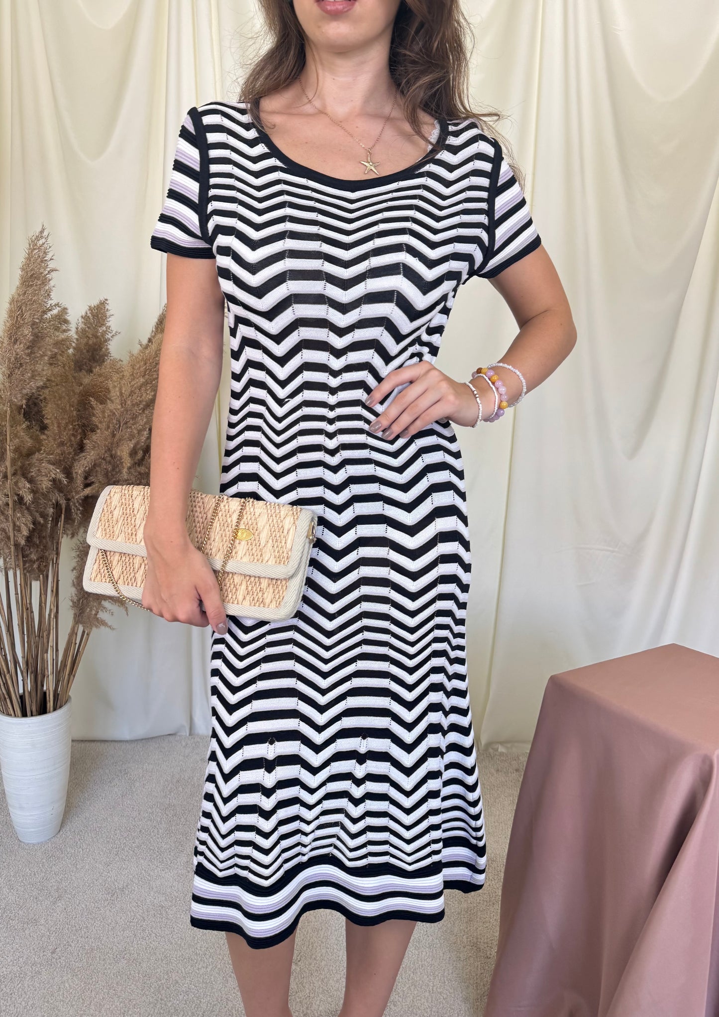 Rochie SAND din tricot de vară, talie marcata ( mărimea S/M)