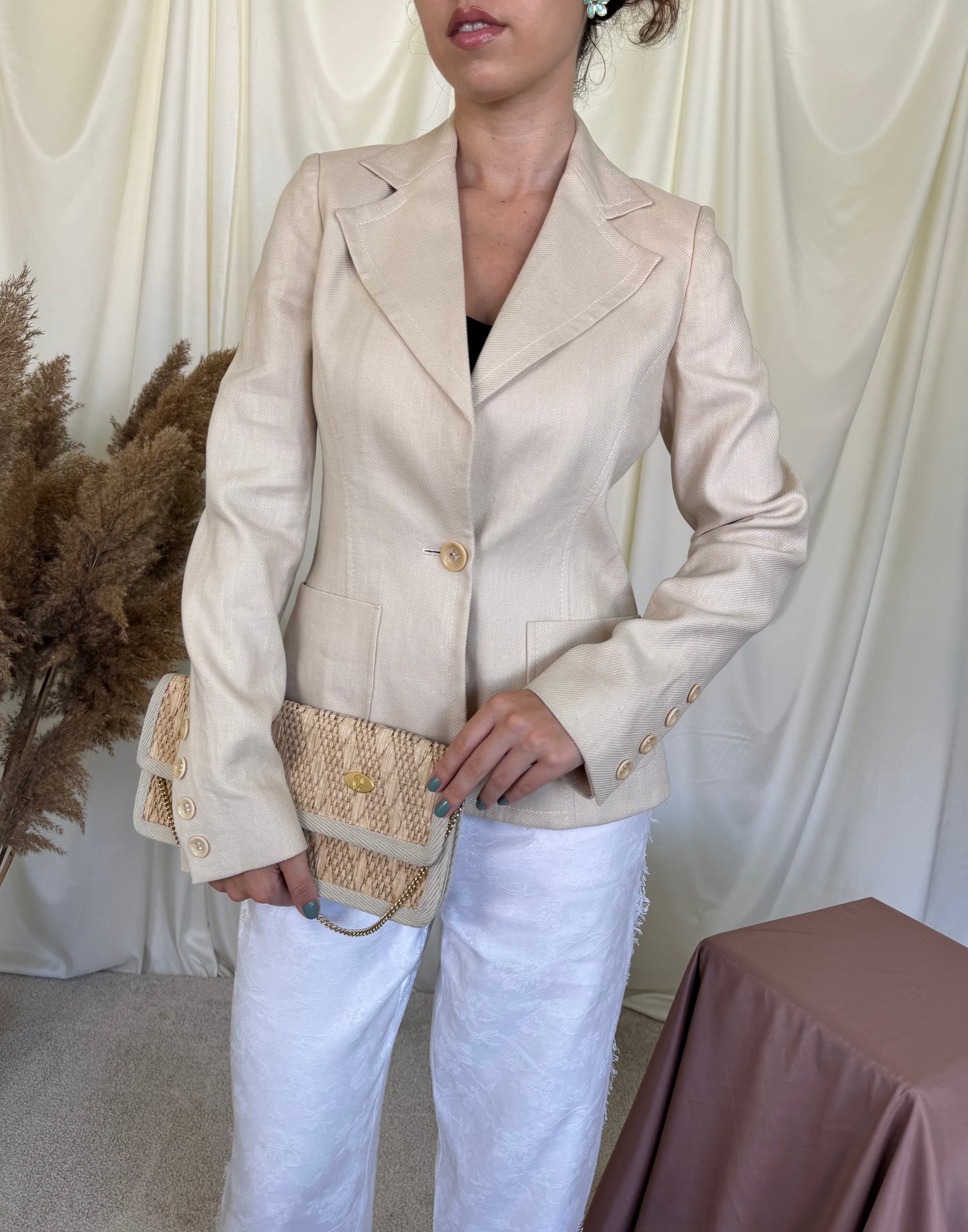 Sacou luxury VALENTINO de vară din cânepă, in și bumbac cu nasturi inscripționați ( mărimea S)