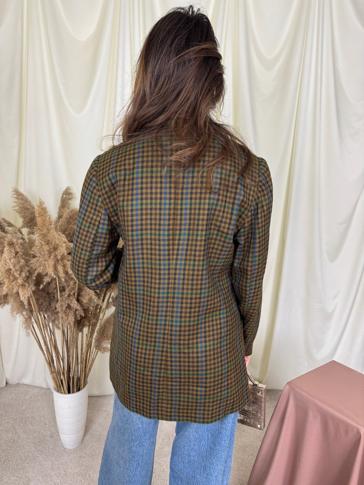 Sacou vintage din 100% lână fină în carouri verzi ( mărimea M)