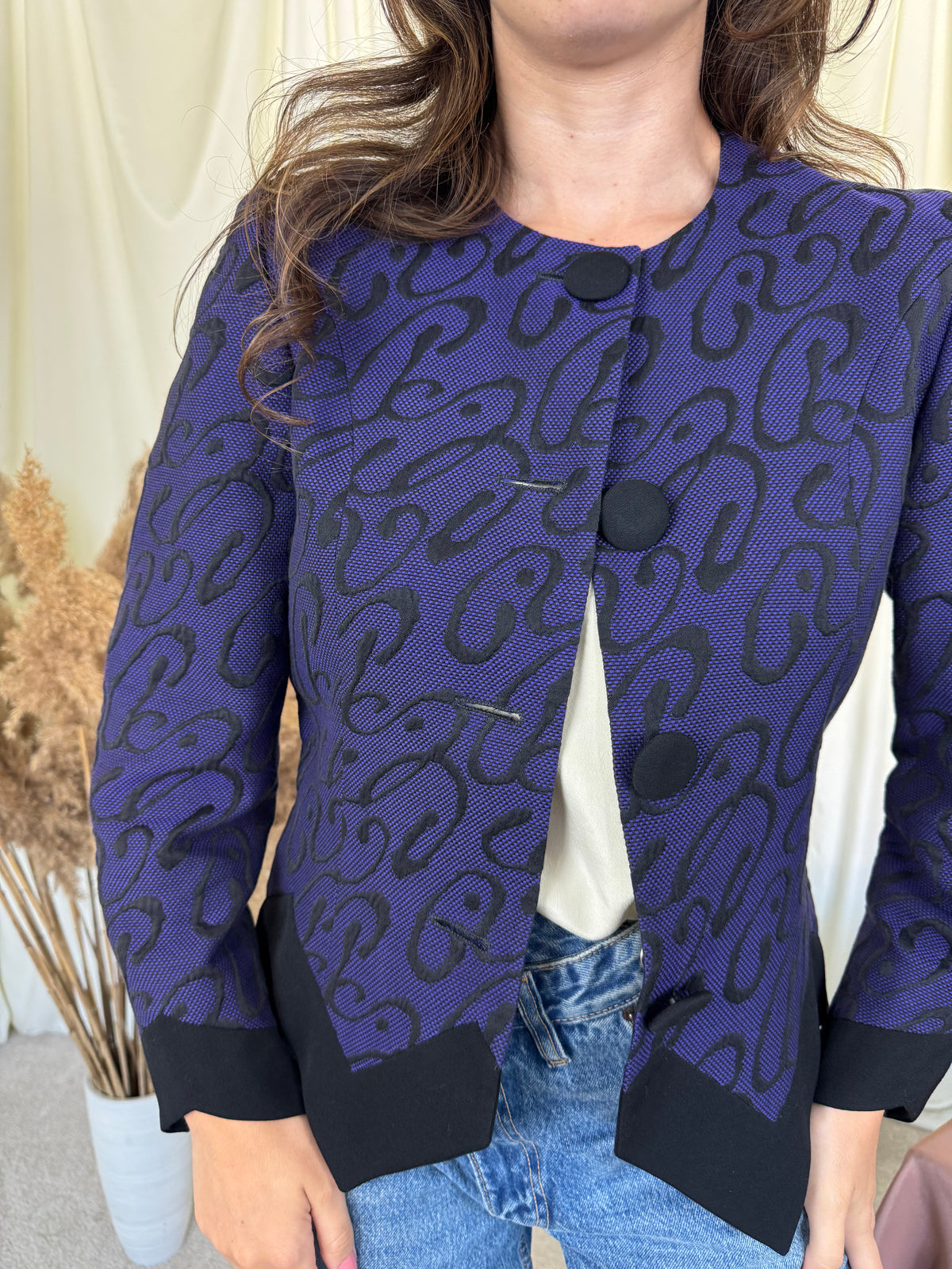 Sacou-jachetă luxury Pierre Cardin din stofă premium de lana și bumbac cu print, croi superb ( mărimea S)