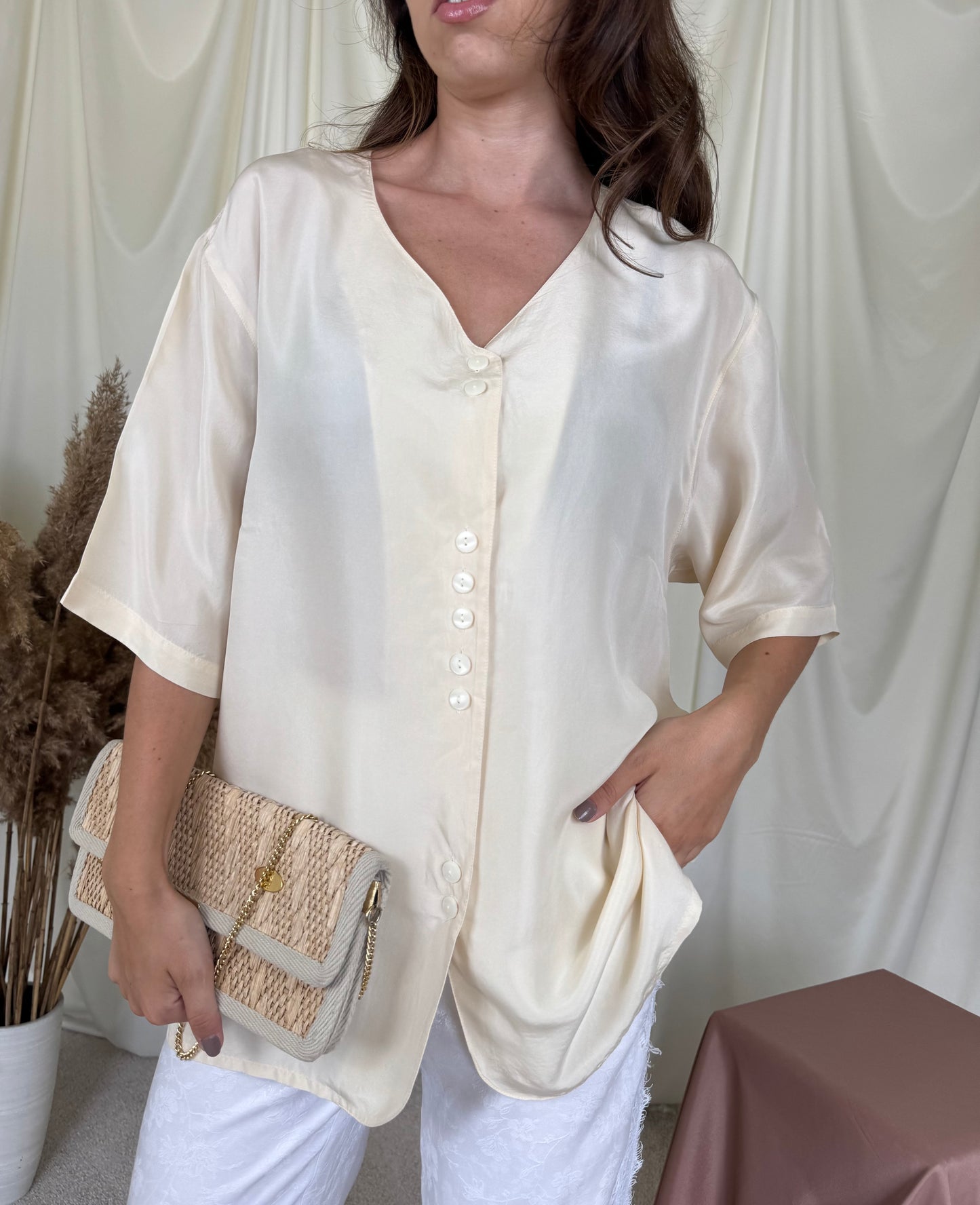 Camasa vintage din 100% mătase naturala cu năsturei( mărimea XL-XXL)