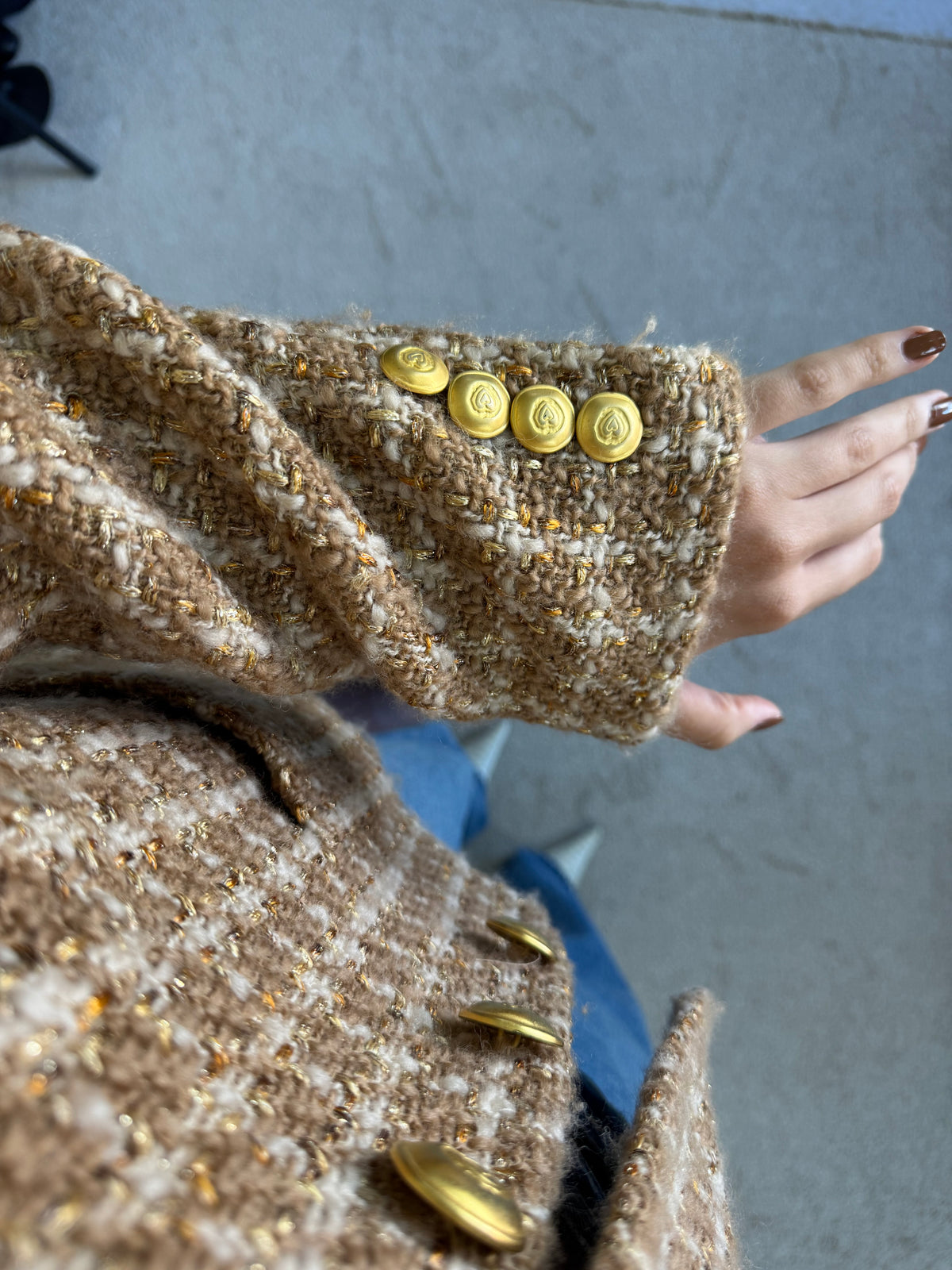 Sacou vintage tip jachetă din tweed de 76% lână, nasturi metalici tip bijuterie ( mărimea M/L)