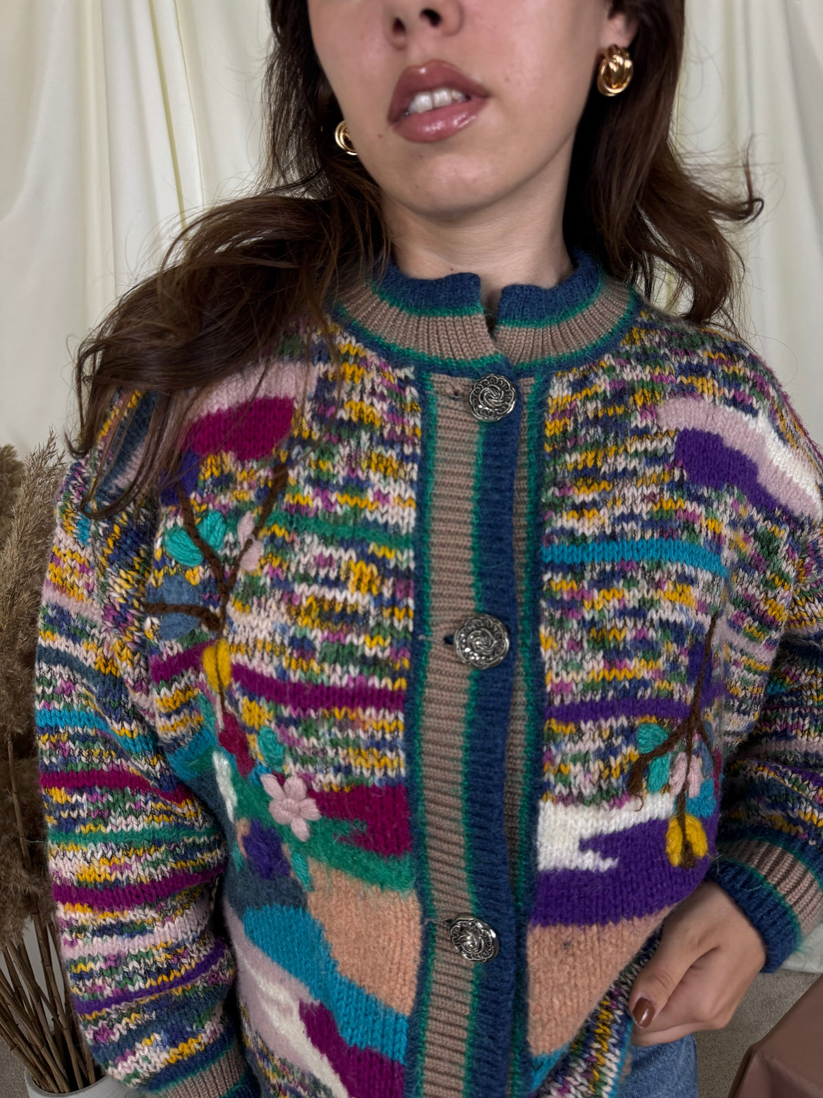 Jerse vintage supradimensionat cu print vesel, lucrat manual, 50% lână ( mărimea M-XL)
