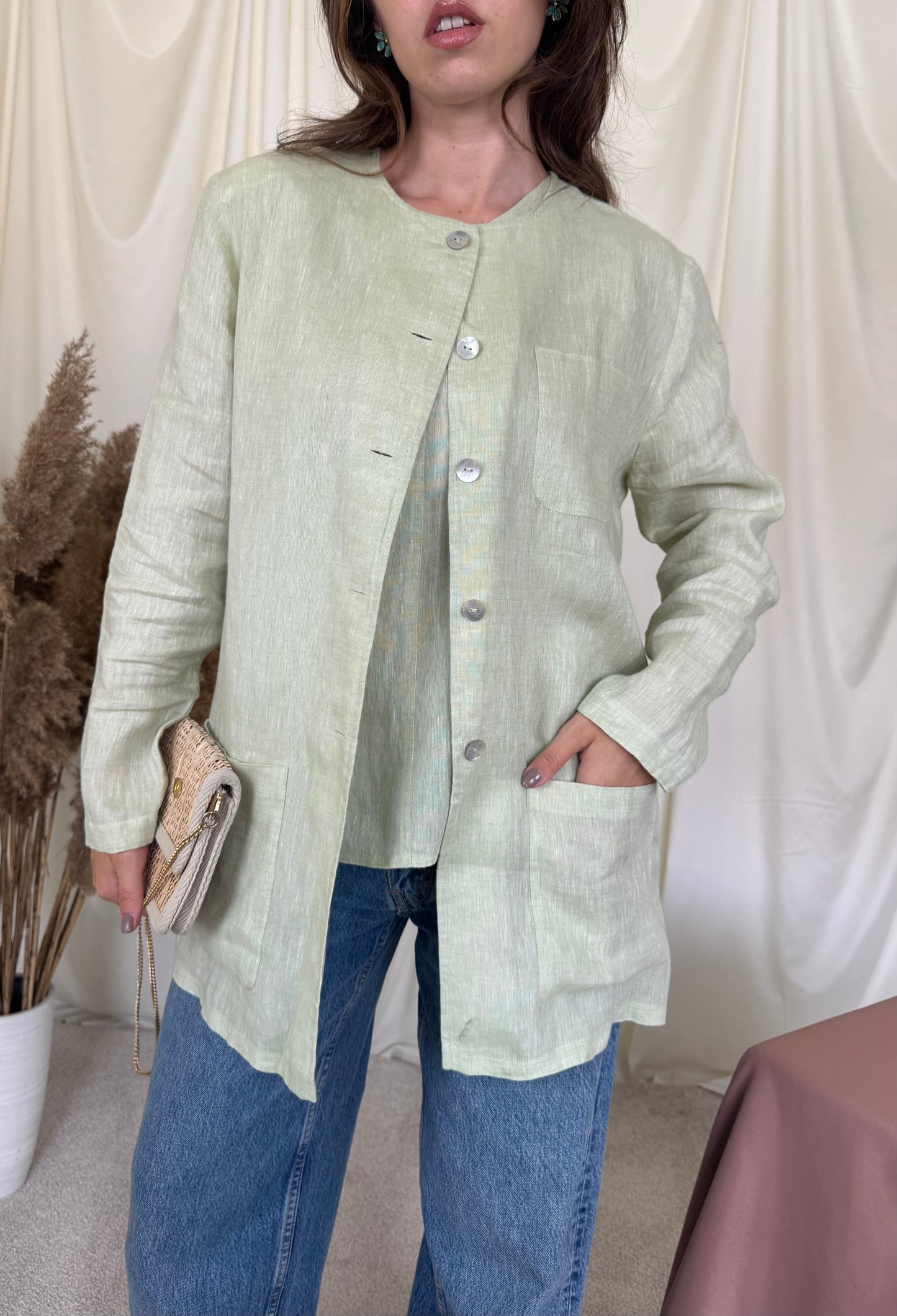 Set vintage din 100% in într-o nuanță superbă de verde mentă cu nasturi perla (mărimea M/L)