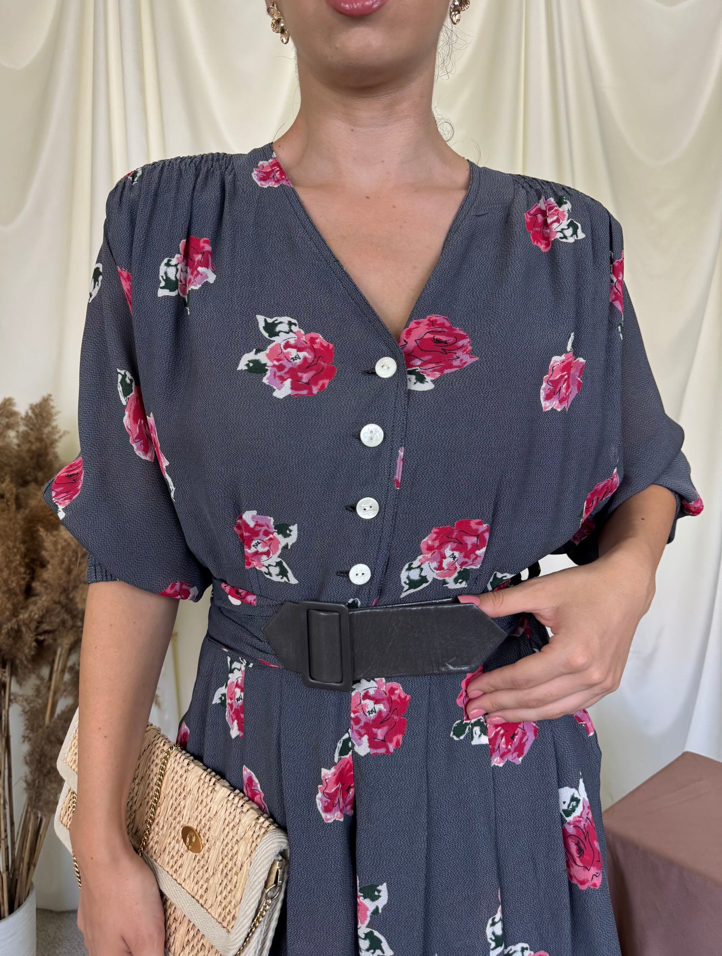 Rochie vintage KARL LAGERFELD cu centura din piele naturala inscripționată, print floral ( mărimea M/L)