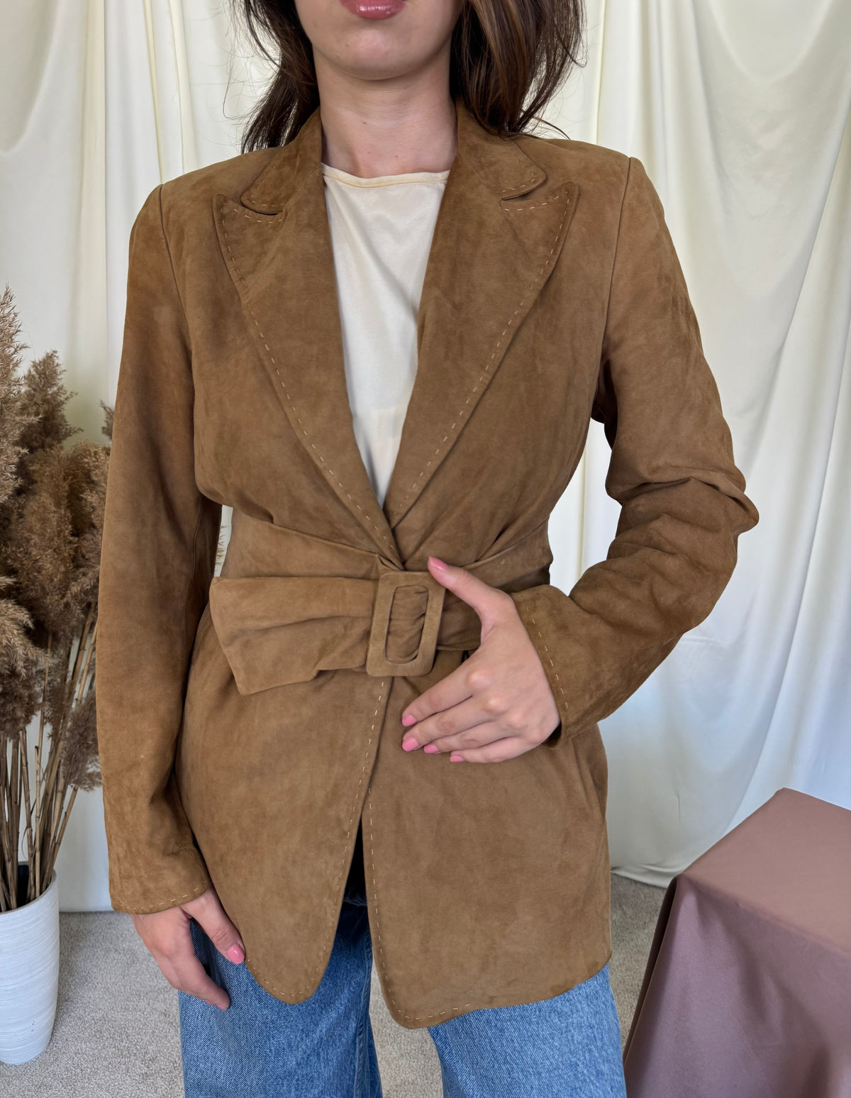Sacou tip jachetă premium MADELEINE din 100% piele naturală întoarsă cu centura masivă ( mărimea S/M)