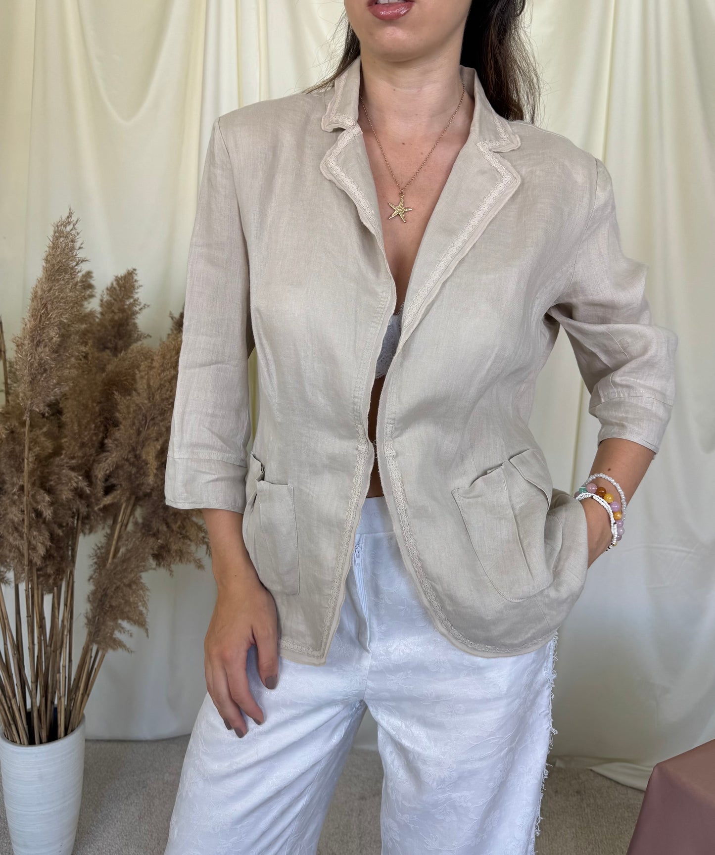 Sacou de vară din in cu broderie, nude beige( mărimea L)