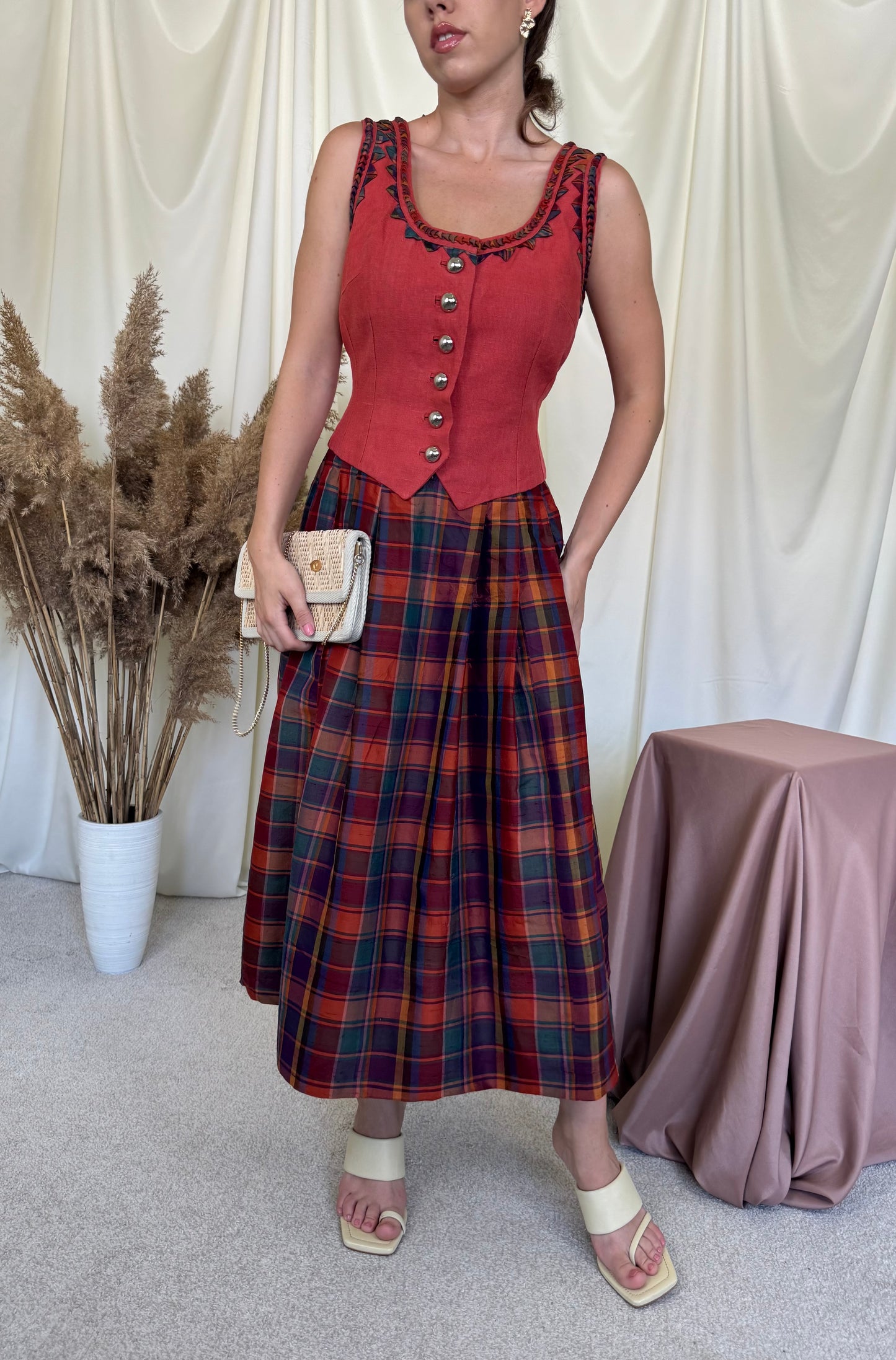 Rochie vintage din in si mătase naturala cu print ( mărimea M)-78 talie