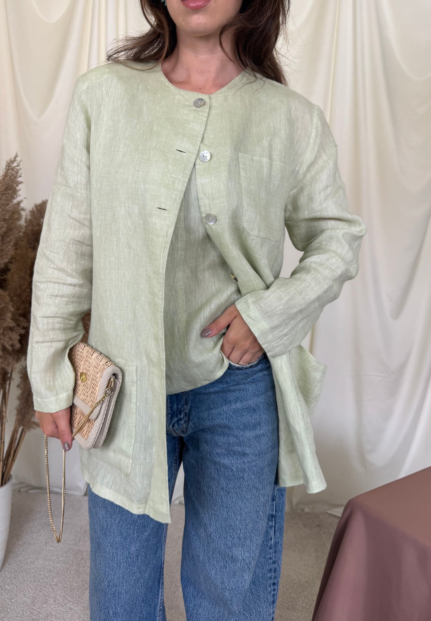 Set vintage din 100% in într-o nuanță superbă de verde mentă cu nasturi perla (mărimea M/L)