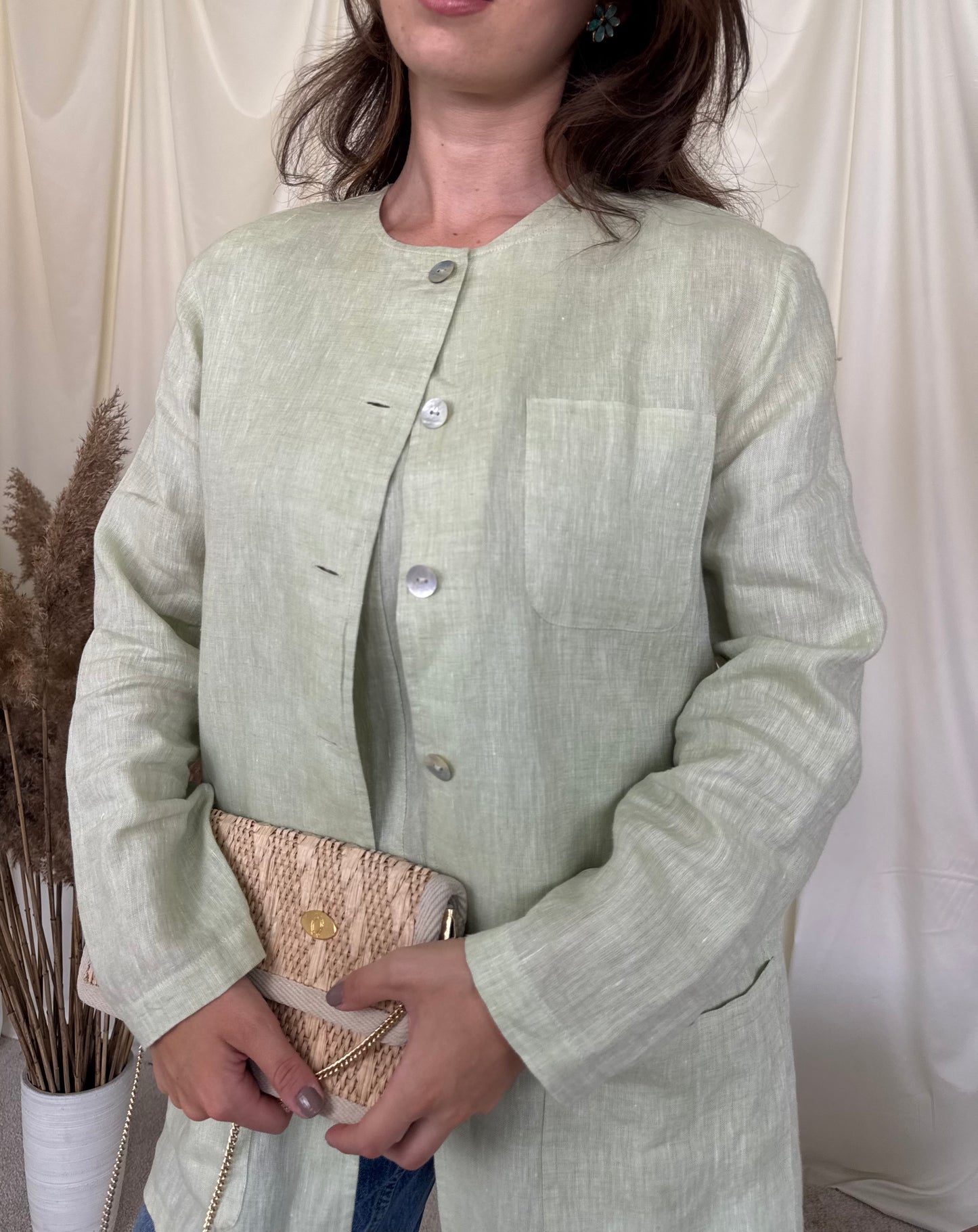 Set vintage din 100% in într-o nuanță superbă de verde mentă cu nasturi perla (mărimea M/L)