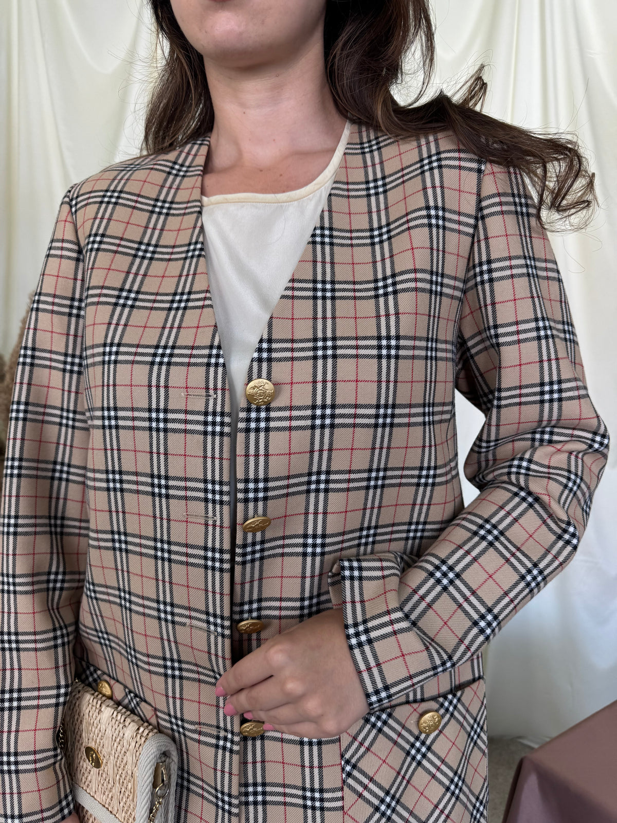 Sacou vintage cu print din 100% lână, nasturi metalici aurii ( mărimea M/40)
