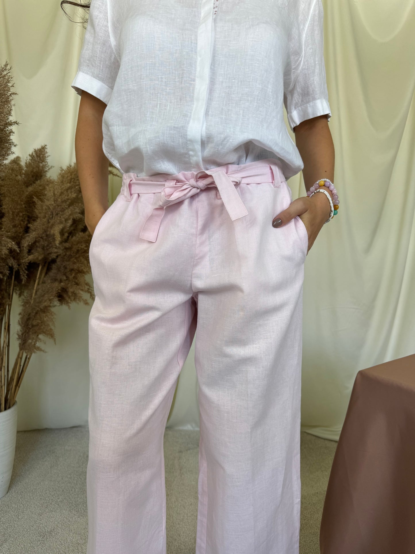 Pantalon roz de vară din in și bumbac cu talie elastică + curea pentru ajustare ( mărimea M)