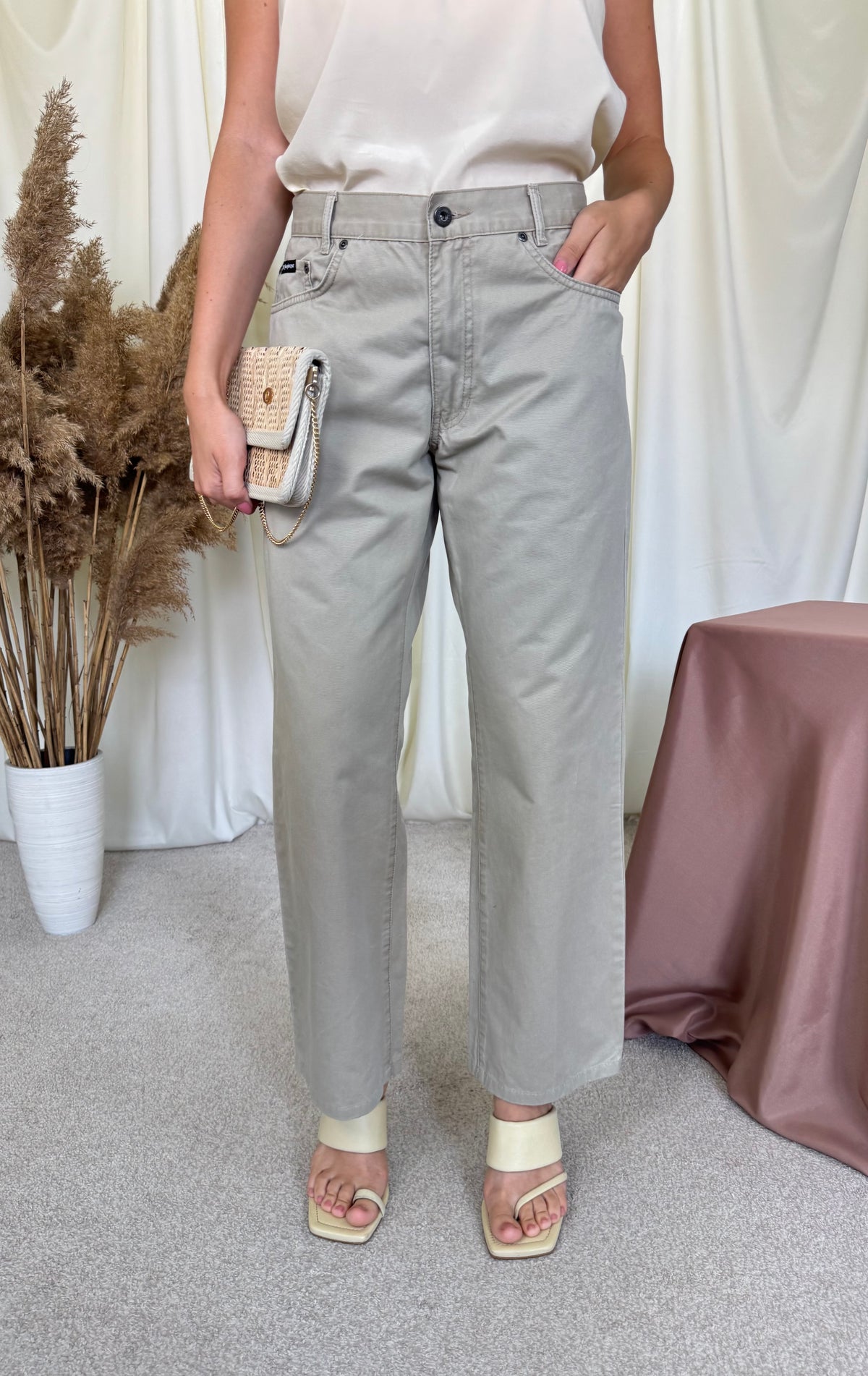 Pantalon vintage luxury Yves Saint Laurent din bumbac cu inscripție brodată ( mărimea M/L)