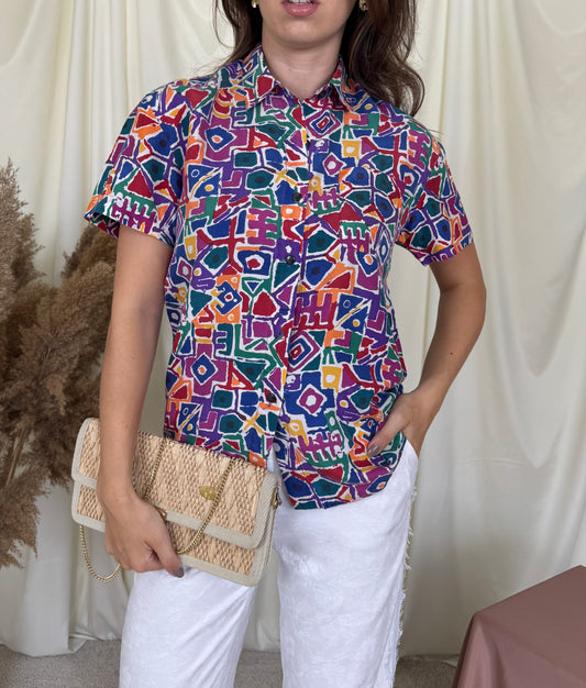 Cămașă vintage din 100% mătase naturală cu print colorat ( mărimea S)