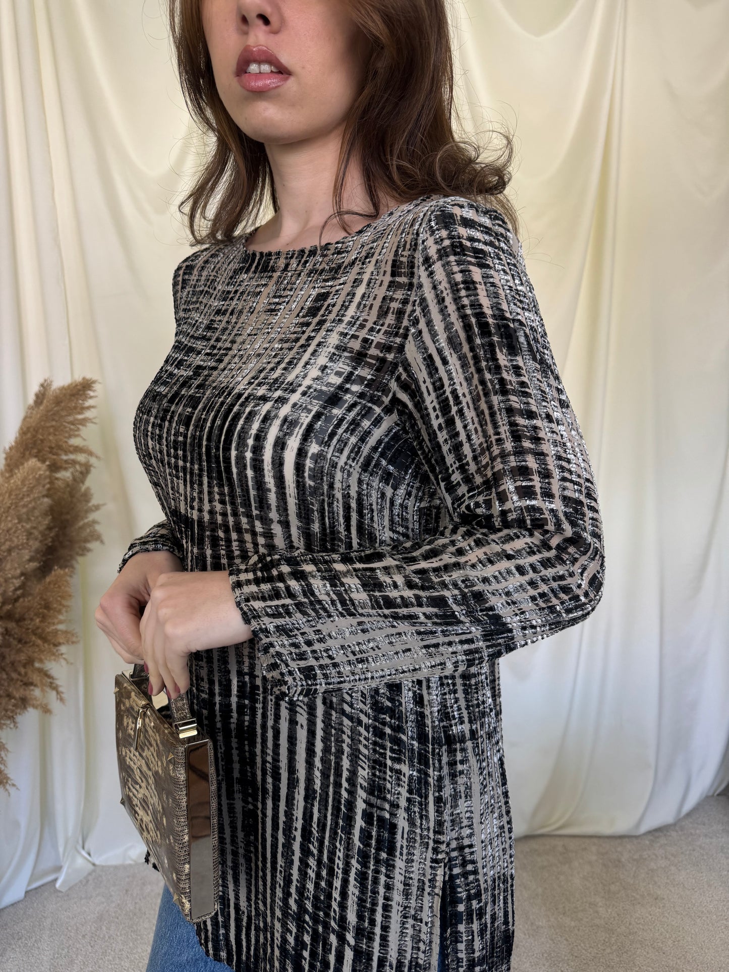 Bluza-tunică MAX MARA din vâscoză și mătase naturala cu detalii din catifea (Mărimea M)