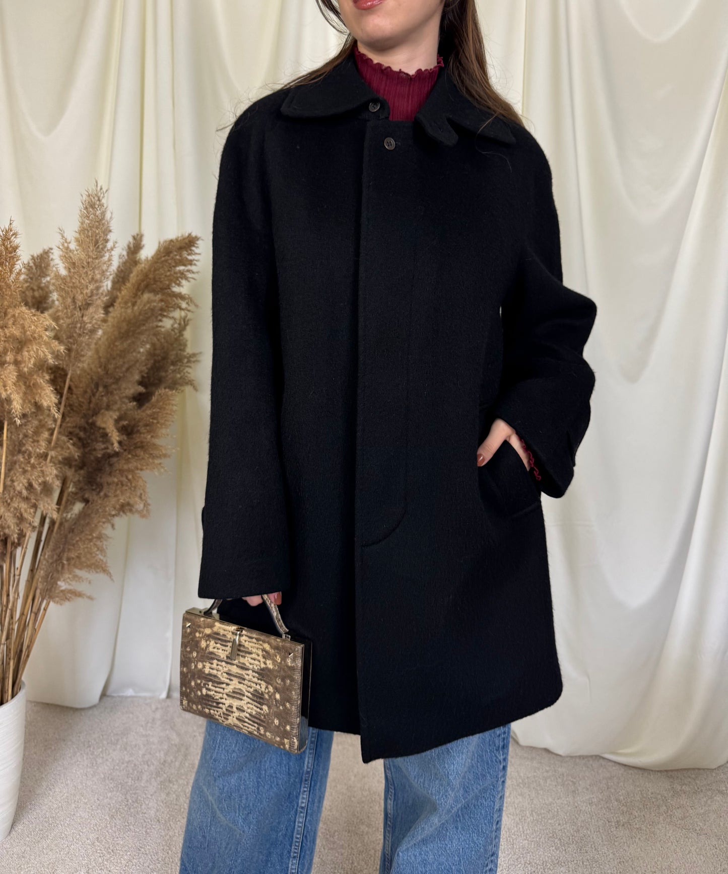 Palton vintage din stofă de lână, minimal, nasturi ascunși, mărimea 40/M-L