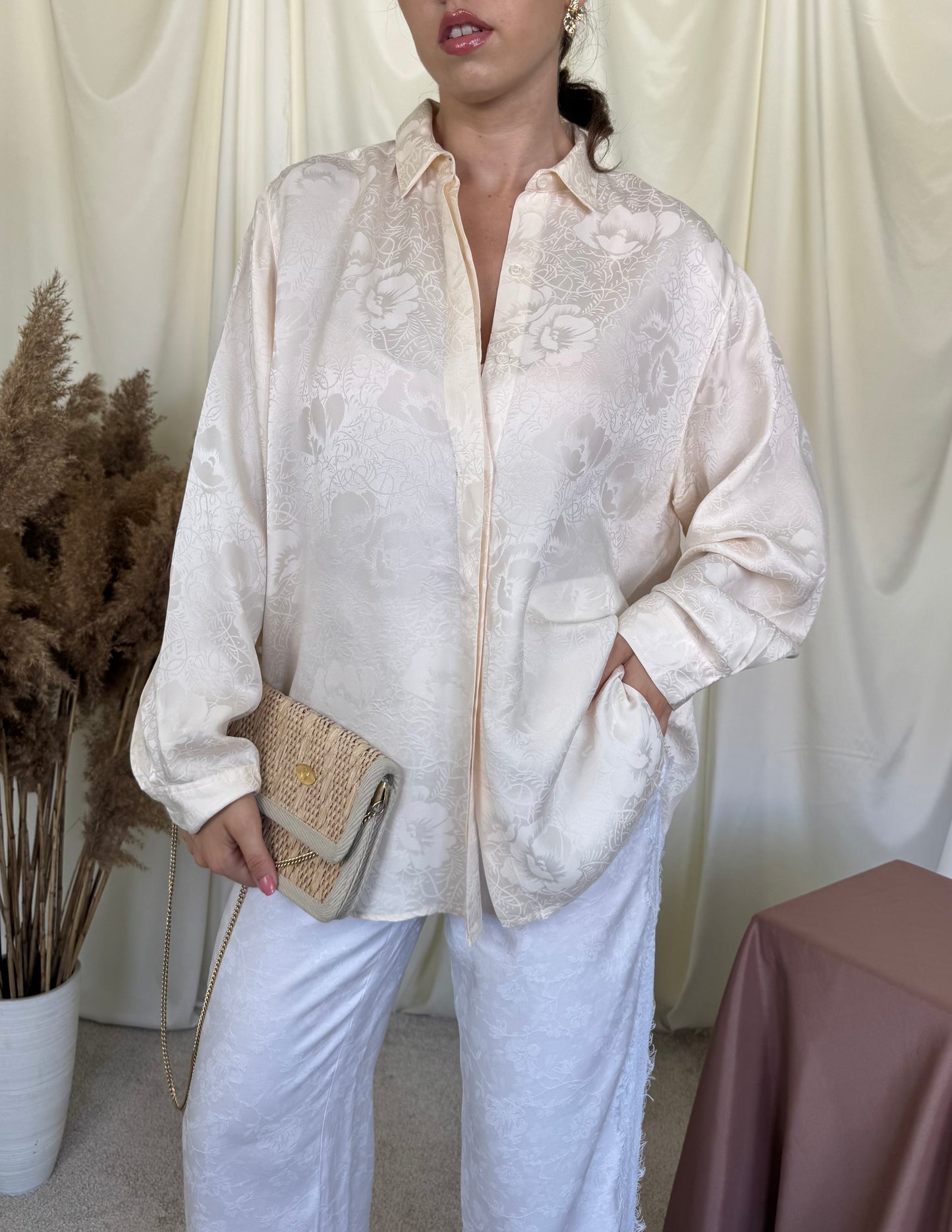 Cămașă vintage din 100% mătase naturală cu print ( mărimea XL)