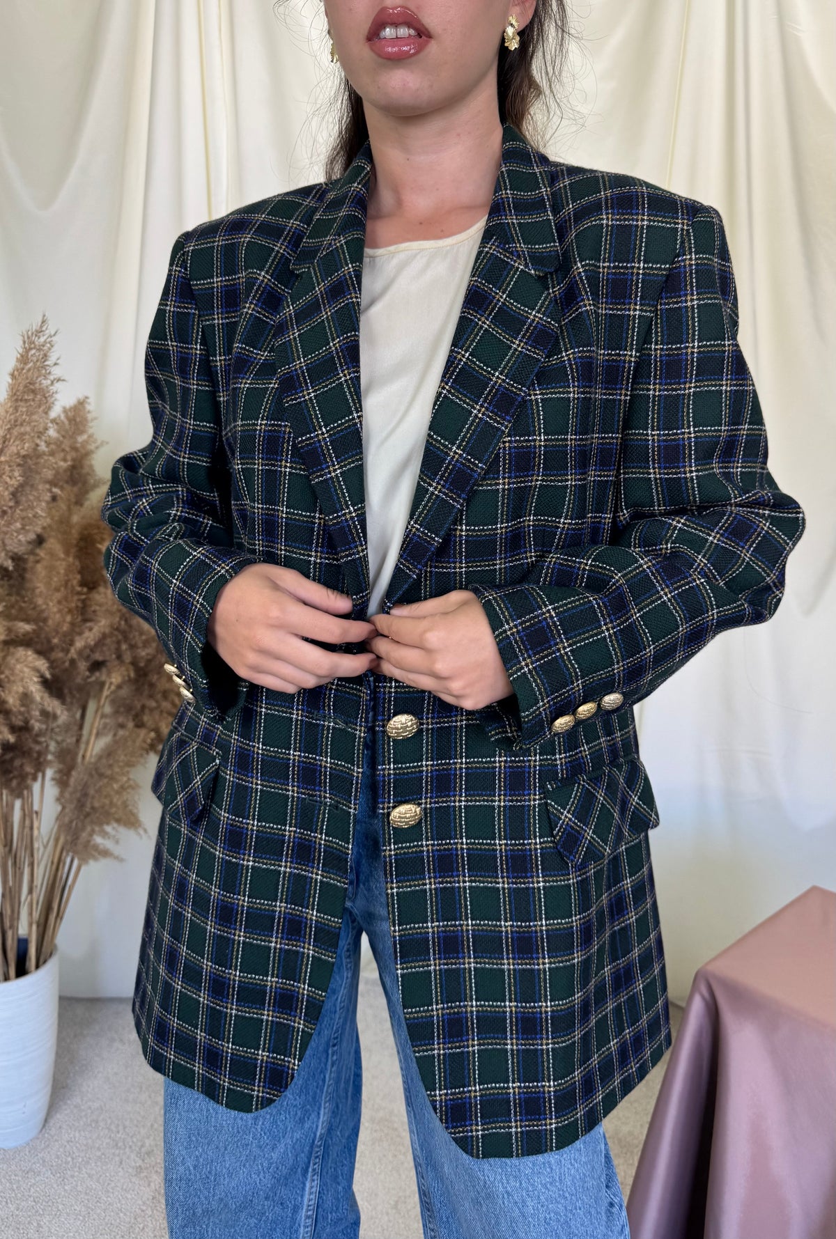 Sacou vintage din stofă cu print 100% lana și nasturi bijuterie ( mărimea L/XL)