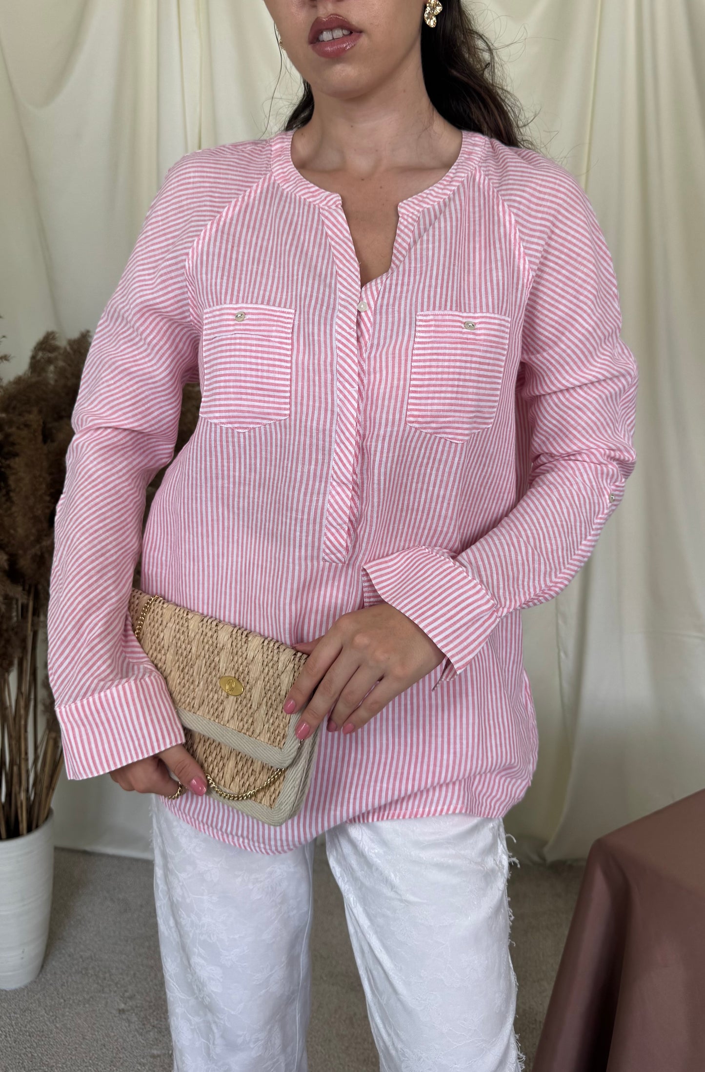 Cămașă Tommy H. Din bumbac și in cu print baby pink( mărimea S-M)