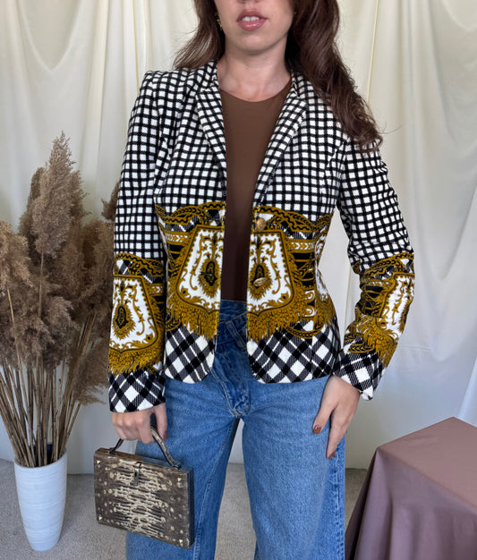 Jachetă vintage superbisimă Elegance Paris din catifea de bumbac cu print superb ( mărimea S-S/M) bust -96 cm