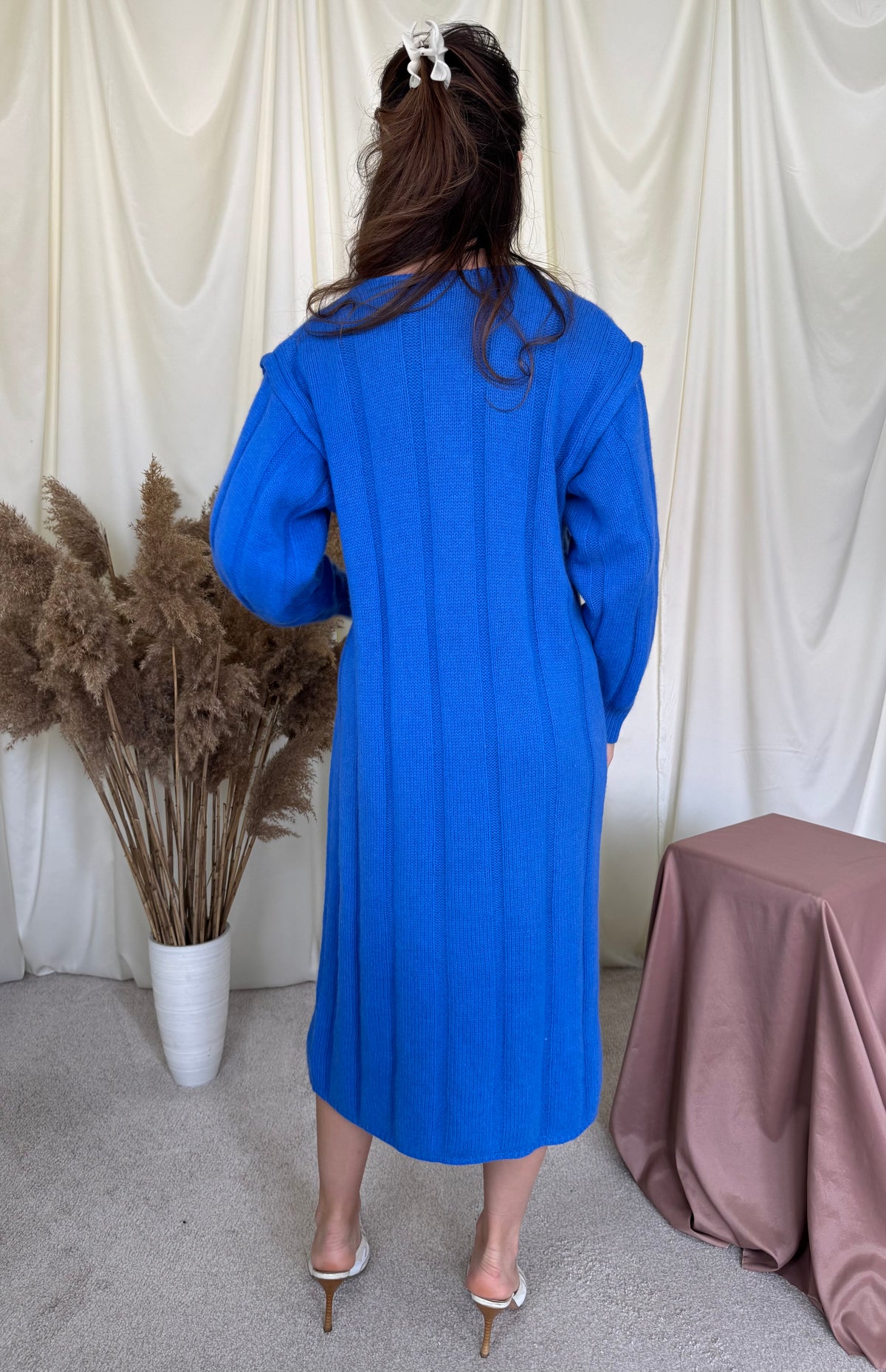Rochie vintage tricotată din lana și cașmir , lungime maxi, albastru superb ( mărimea M/L)
