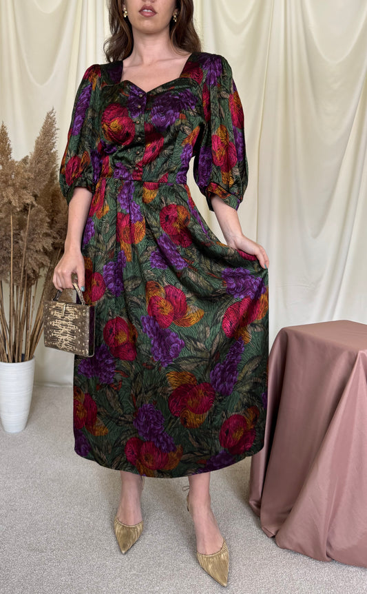 Rochie vintage cu print floral superb, talie cambrata tip corset 
(Mărimea L)